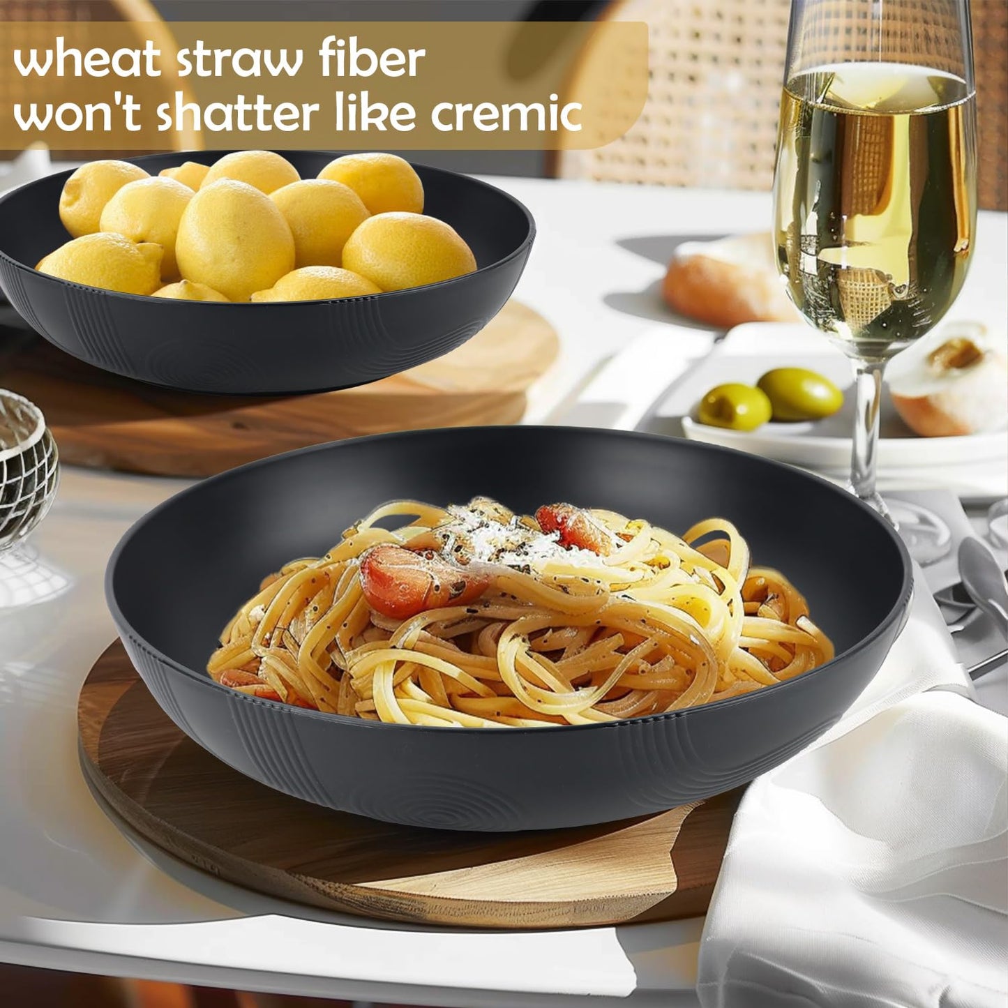 Wrova Large salad bowls,65oz Salad bowls set of 2,Unbreakable Plastic bowls Microwave & Dishwasher Safe Bowls,Wheat Straw Serving Bowls for Salad, Cereal, Fruit, Dishwasher Safe.Black