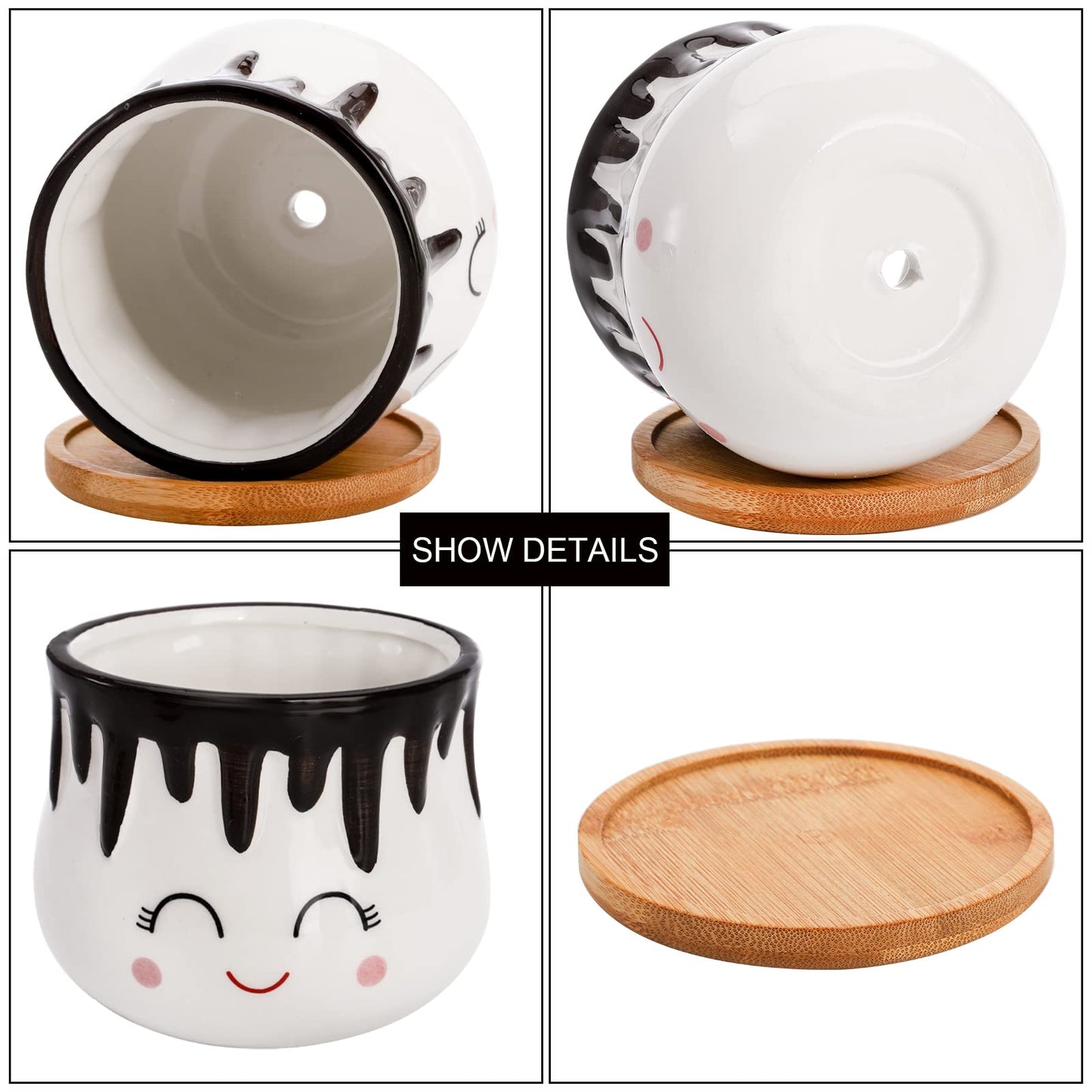 Hedume Set of 4 Succulent Pots with Bamboo Tray, 4 Inch Cute Hot Chocolate Ceramic Succulent Planter with Little Drainage Hole, Small Ceramic Plant Flower Pots for Home and Office Decoration
