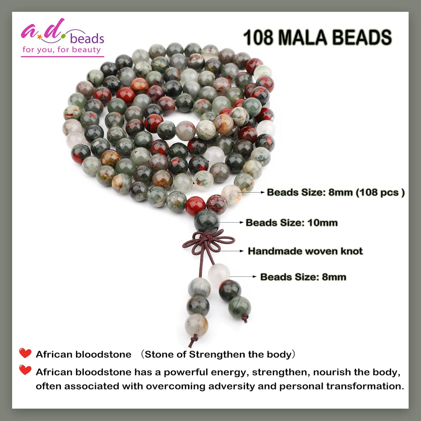 AD Beads 8mm 108 Prayer Mala African bloodstone Elastic Bracelet - Strengthen the body - Handmade Yoga Meditation Healing Power Energy Gifts for Unisex Adult.