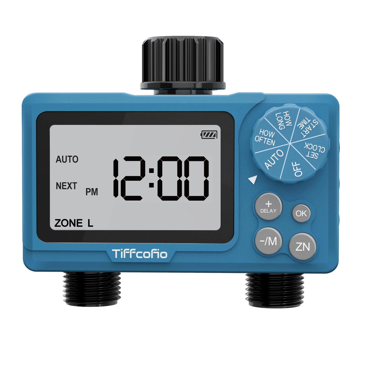 TiFFCOFiO Sprinkler Timer Outdoor, Digital Programmable for Garden Hose, Irrigrtion Timer with Rain Delay and Manual Mode (2 Oulets, 1 Pack)