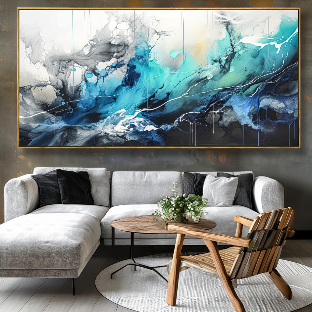 Wall Art Abstract Canvas Painting Teal Blue Modern Artwork for Living Room Bedroom Dining Room Home Office Decor 20"x40" with Framed