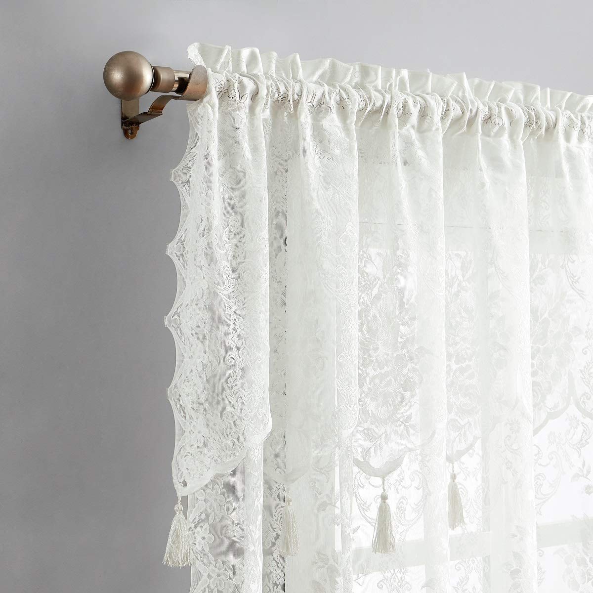 Warm Home Designs Pair of 2 Ivory Color Long Length 54” (W) x 96” (L) Semi Sheer Lace Curtain Panels & Attached Matching Valances with 6 Tassels. Classic Elegant English Rose Pattern. L Ivory 96”