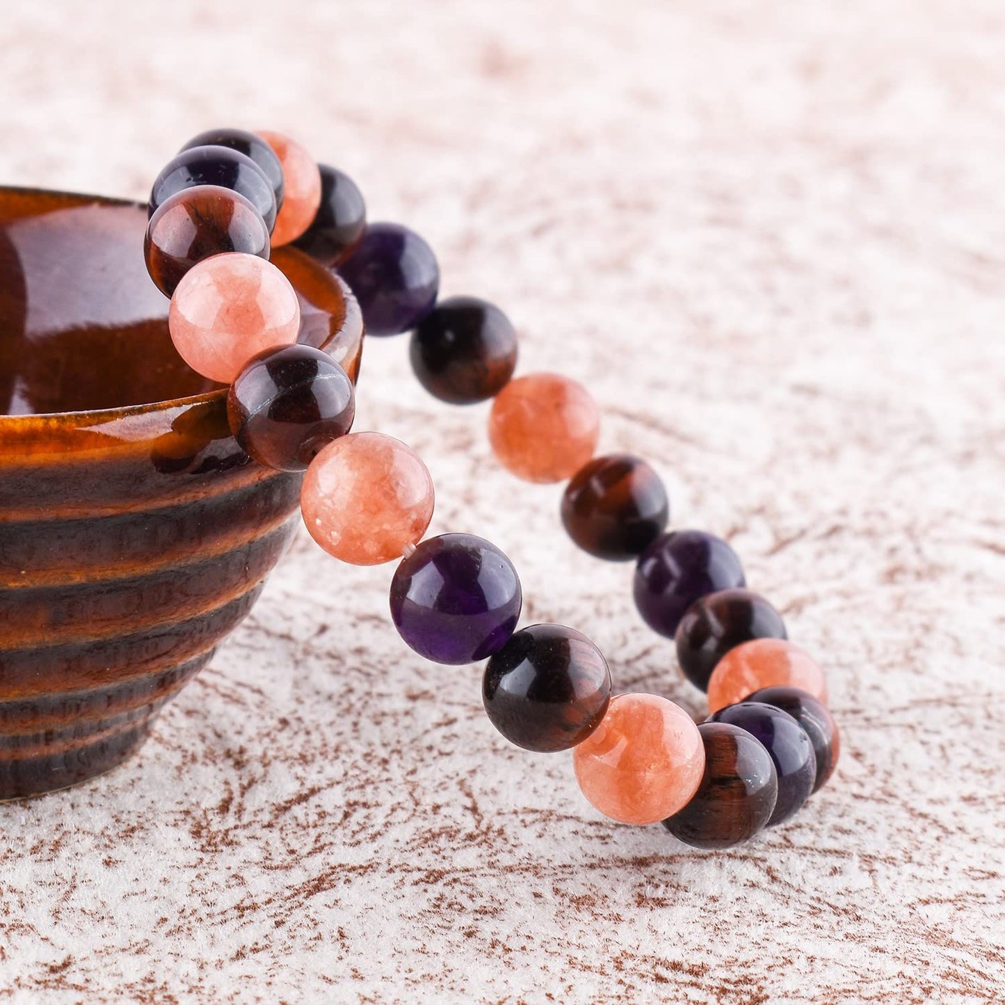 OdrillionGems Triple Crystal Healing Bracelet - Sunstone - Red Tiger's Eye - Amethyst Handmade Bracelet Stretchable Genuine Round Beaded 10mm Unisex Jewelry Chakra Stones - Yoga - Energy - Spiritual