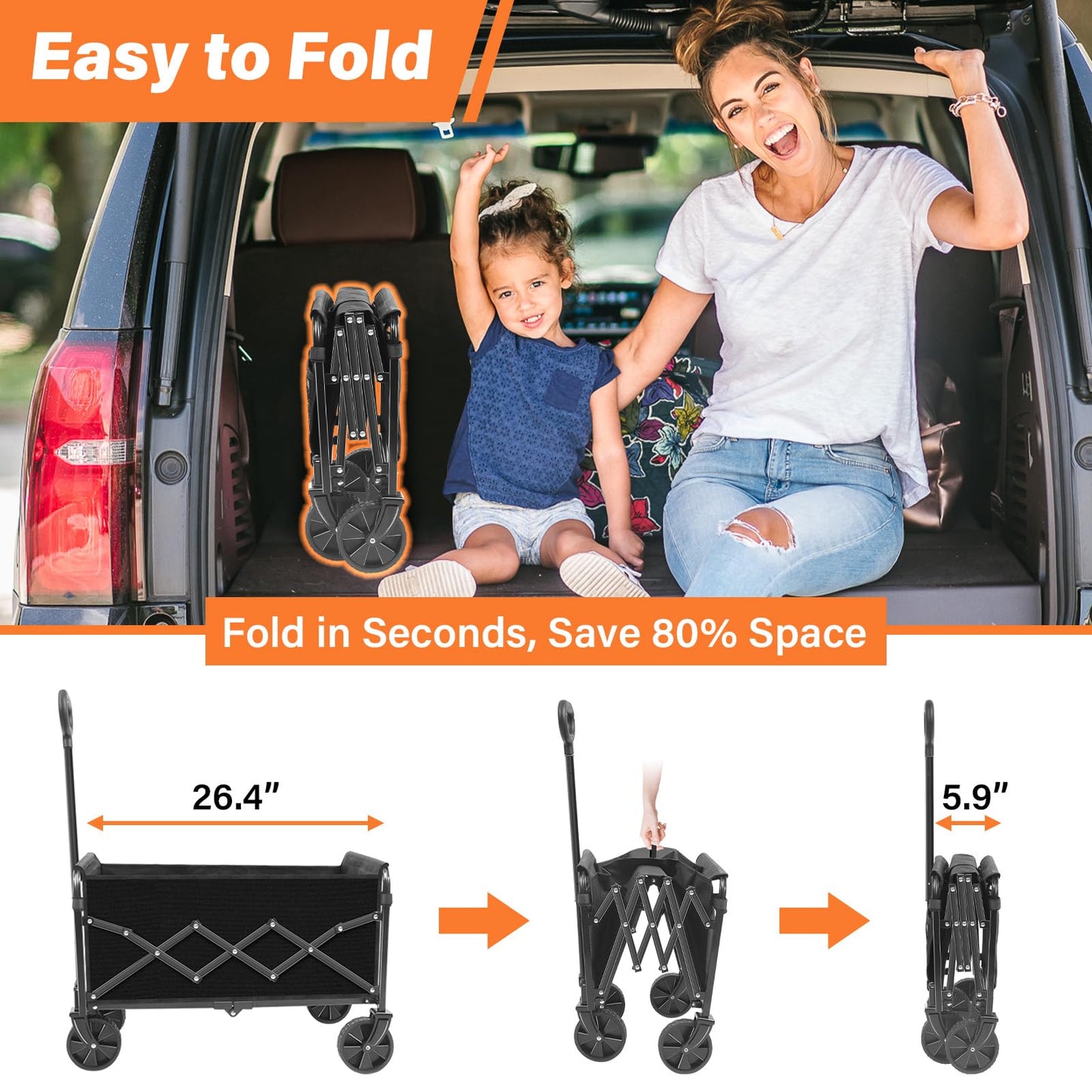 Wagons Carts Foldable, Collapsible Wagon with Wheels — Durable Folding Utility Pull Wagon Cart for Groceries, Picnic & Pets, Park Trips & Small Hauls, 280 lbs Heavy Duty Capacity,Graphite Black
