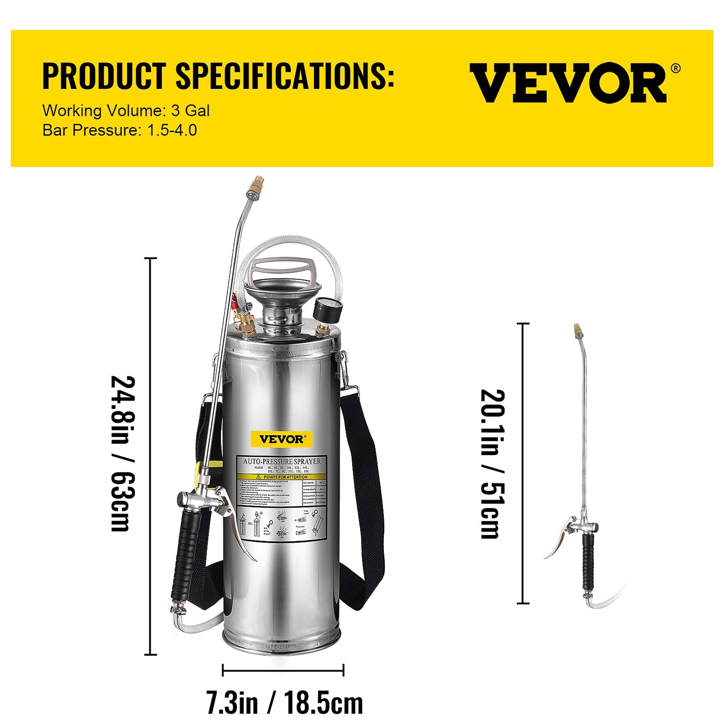 Happybuy 3 Gallon Stainless Steel Sprayer, 20" Wand & 3FT Reinforced Hose, Hand Pump Sprayer with Pressure Gauge, Safety Valve & Adjustable Nozzle, Weed Sprayers for Lawn, Gardening & Sanitizing