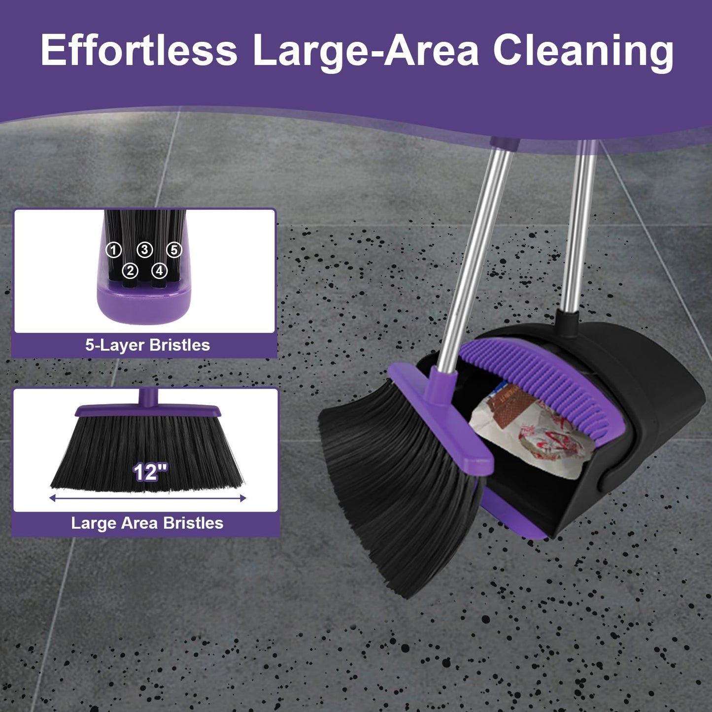 UDUK Broom with Dustpan Combo Set and Silicone Air Broom Kit, 51" Long Handle Floor Squeegee, Purple Household Kit for Glass Window Rugs Pet Hair Home