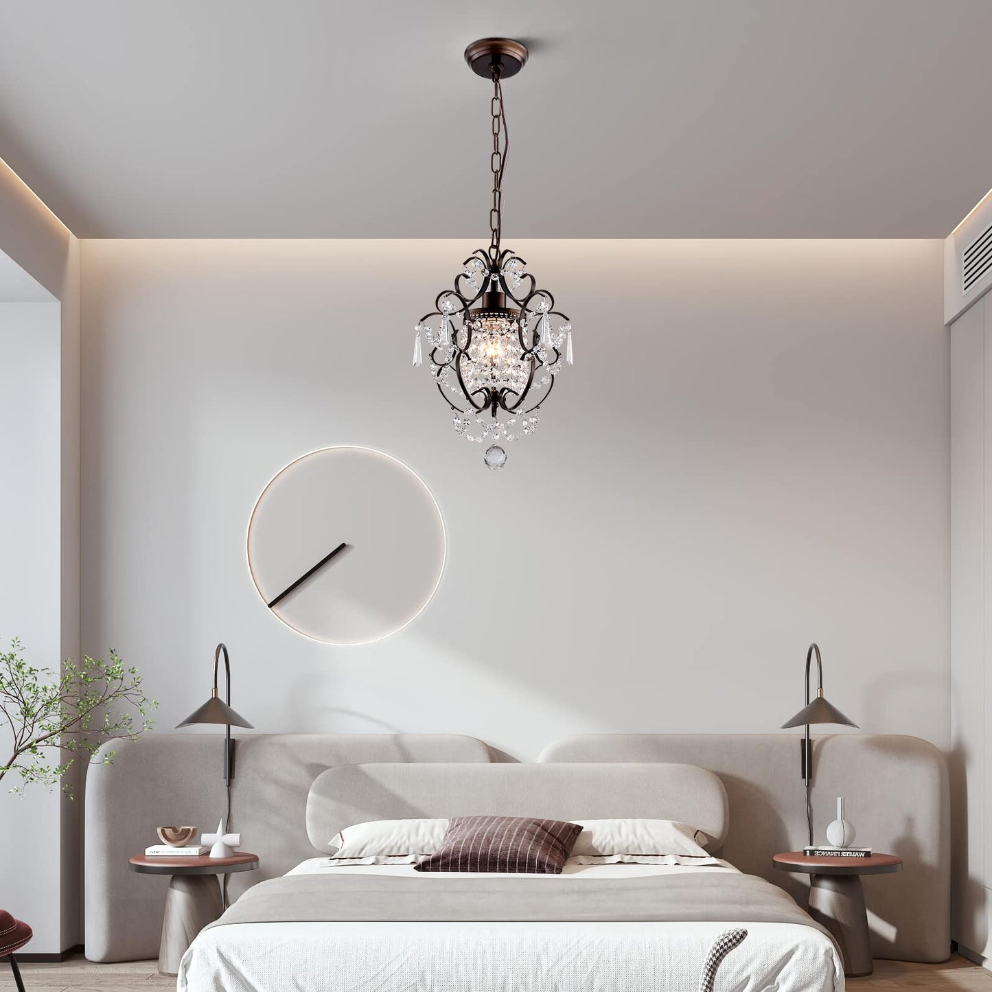 FLSFU Modern Mini Crystal Chandelier,Iron Bronze Crystal Light Fixtures Ceiling Mount 1 Light Small Chandeliers for Bedroom Elegant Hanging Lighting for Girls Room Dining Room Closet Kitchen Island