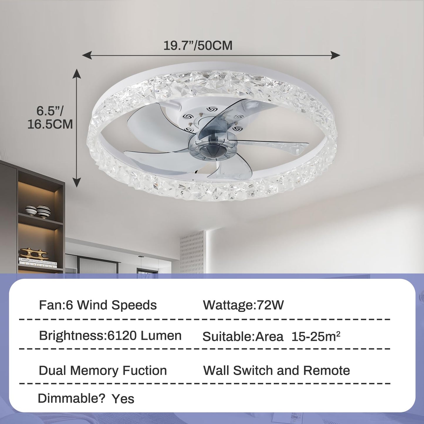 Cainjiazh 20" Modern Low Profile Ceiling Fan with Light Bedroom LED Ceiling Fan with Remote Control, Bladeless Flush Mount White Fan Lights Ceiling Fixtures for Living Room 3000K-6500K Fan Light