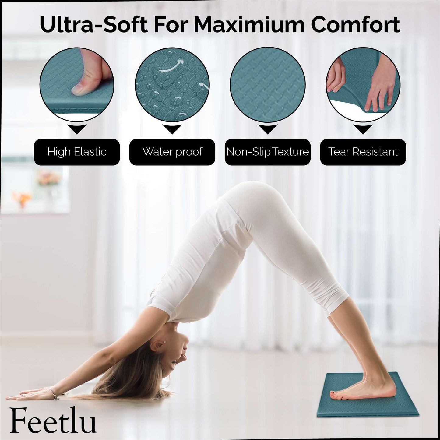 Feetlu Cushioned Yoga Knee Pad – 24” x 12” x 1/2” Extra-Thick Support for Workouts, Standing, and Kneeling Tasks (GRN)