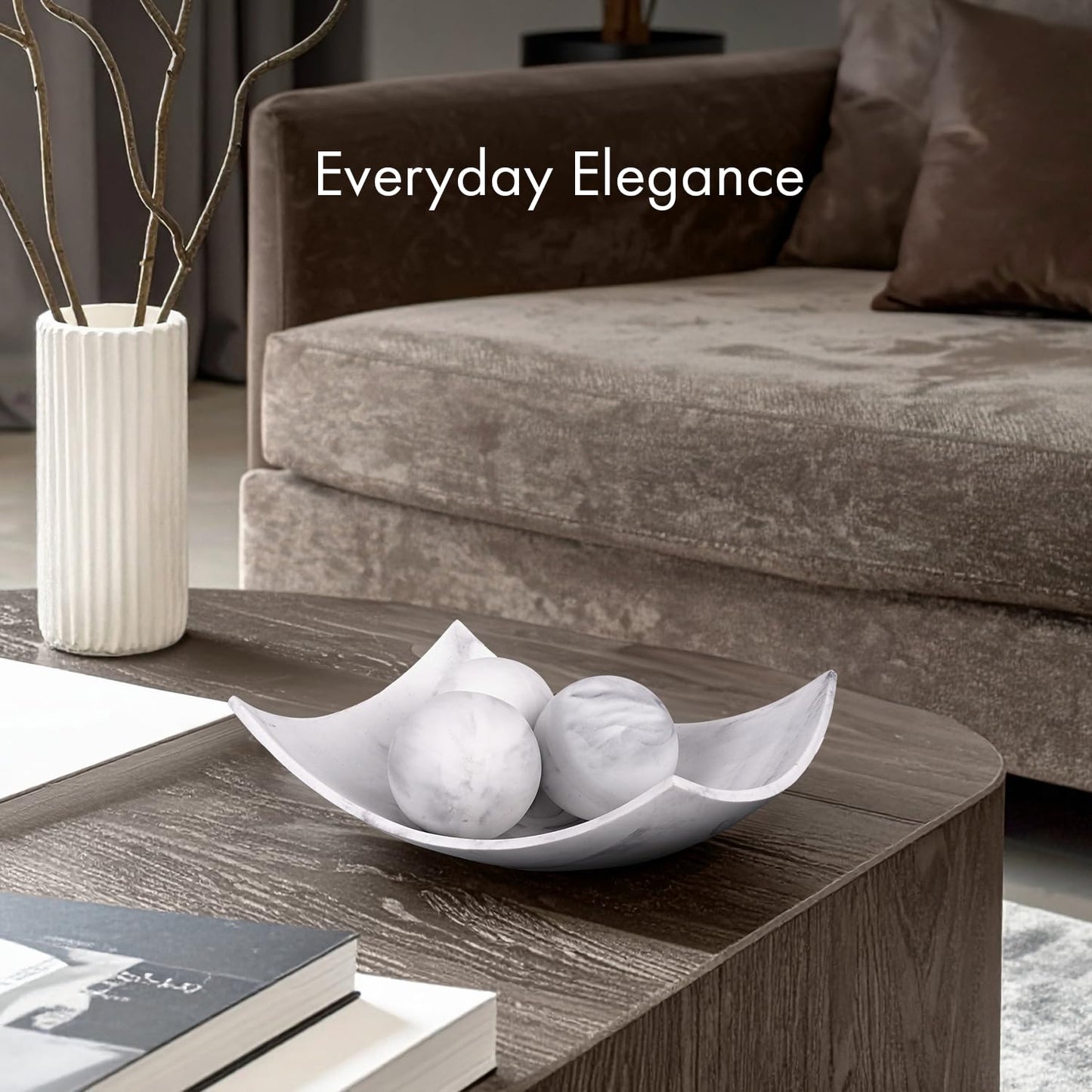 Creative Scents White Marble Look Decorative Bowl with matching Set of 3 Balls (2.75”) for Coffee Table Centerpiece, Dining Table, Living Room