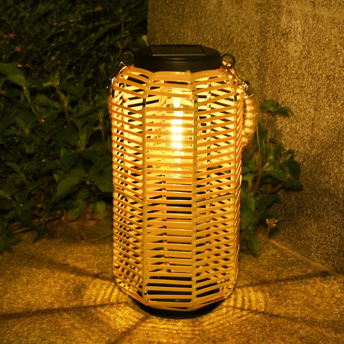 Livinlarge Solar Lantern Outdoor Hanging Lights, Rattan Lantern Waterproof with Twine Handle, Bright Solar Outdoor Lights with Edison Bulb for Garden Patio Yard Tabletop Decoration