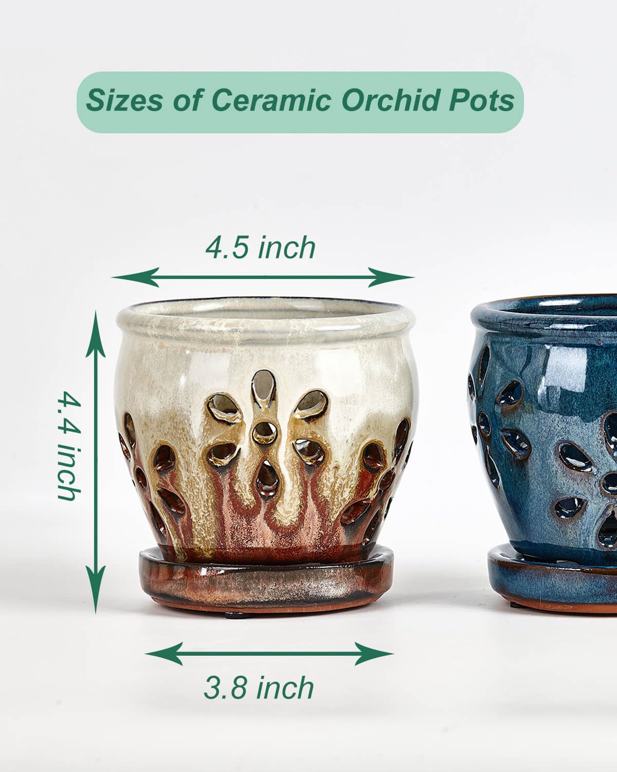 Vensovo 4 Inch Ceramic Orchid Pots with Drainage Holes and Saucers, 2 Pcs Small Planters for Orchids Succulents Repotting, Indoor Outdoor Ceramic Flower Pots for Healthy Root Growth (Blue Brown Mixed)
