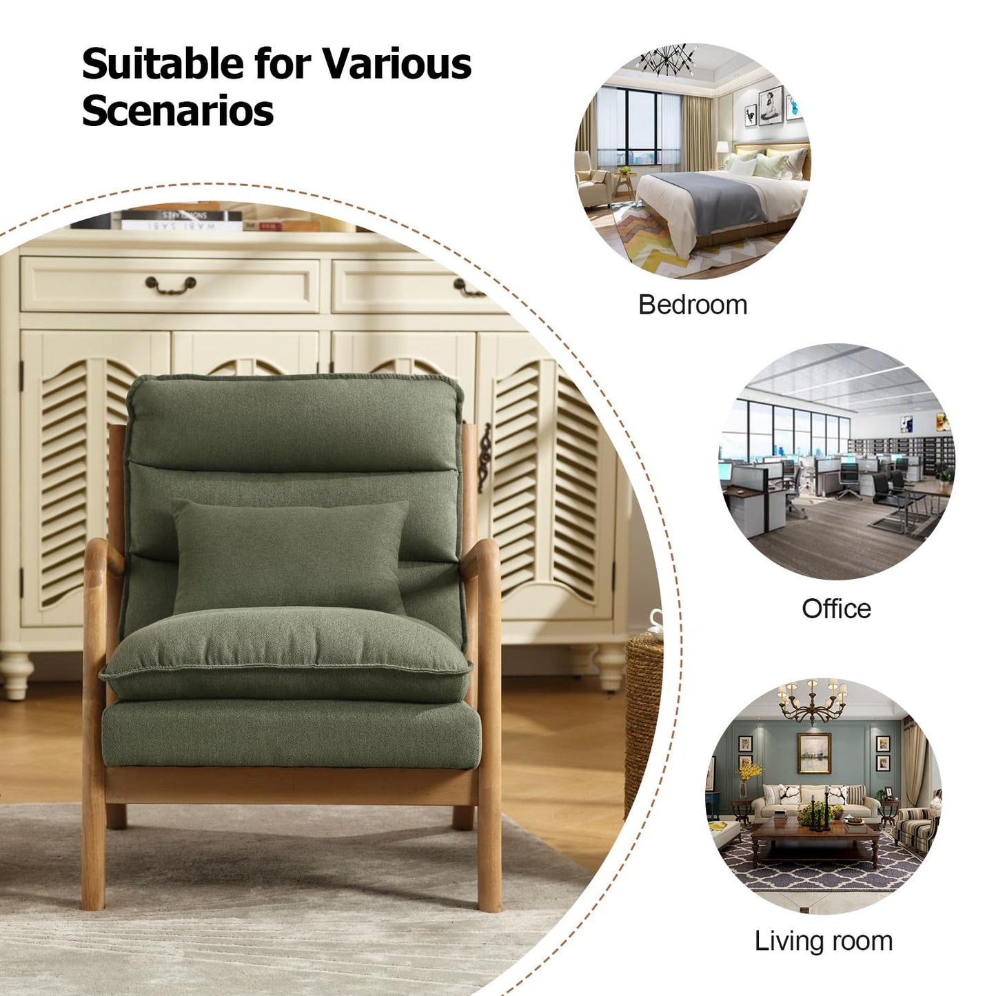 INZOY Mid Century Modern Accent Chair with Wood Frame, Upholstered Reading Armchair with Waist Cushion, Double Padded Accent Chair, Side Chair for Living Room Bedroom Office, Easy Assembly, Green