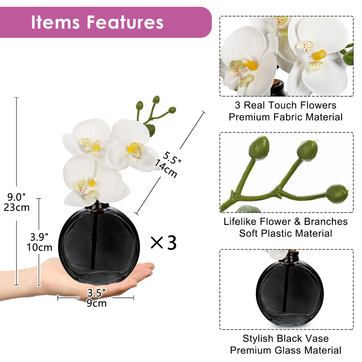Oairse White Orchids Artificial Flowers Faux Orchids Arrangement in Black Glass Vases Set of 3 Real Touch Phalaenopsis Orchid Flowers Small Fake Orchid Centerpiece for Dining Room Table