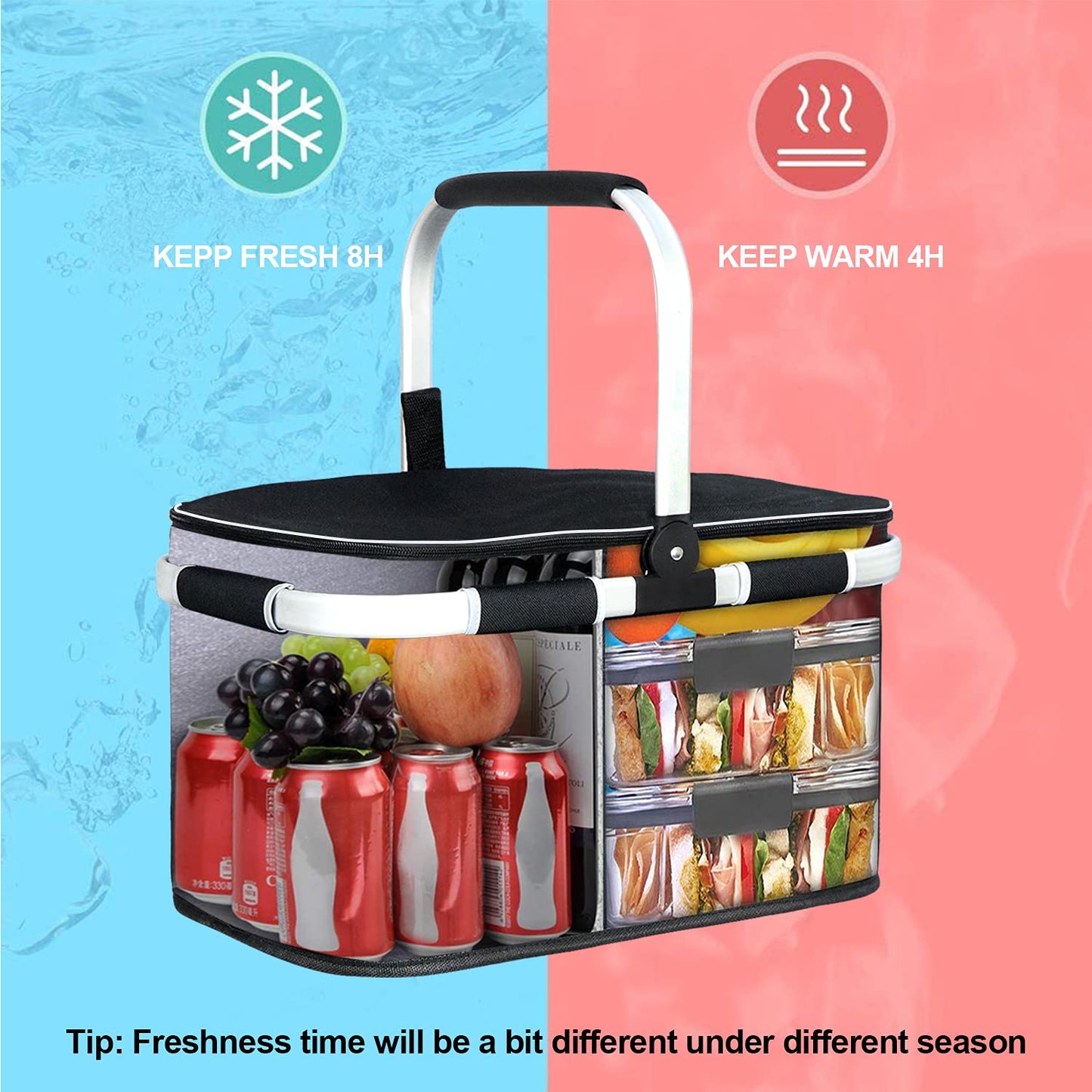 LIQING 35L Large Picnic Basket 2 Layers of Internal Pockets Leak-Proof and Insulated ，Folding with Internal Support for enhansed Stability, Wedding Gifts for Couple(Black)