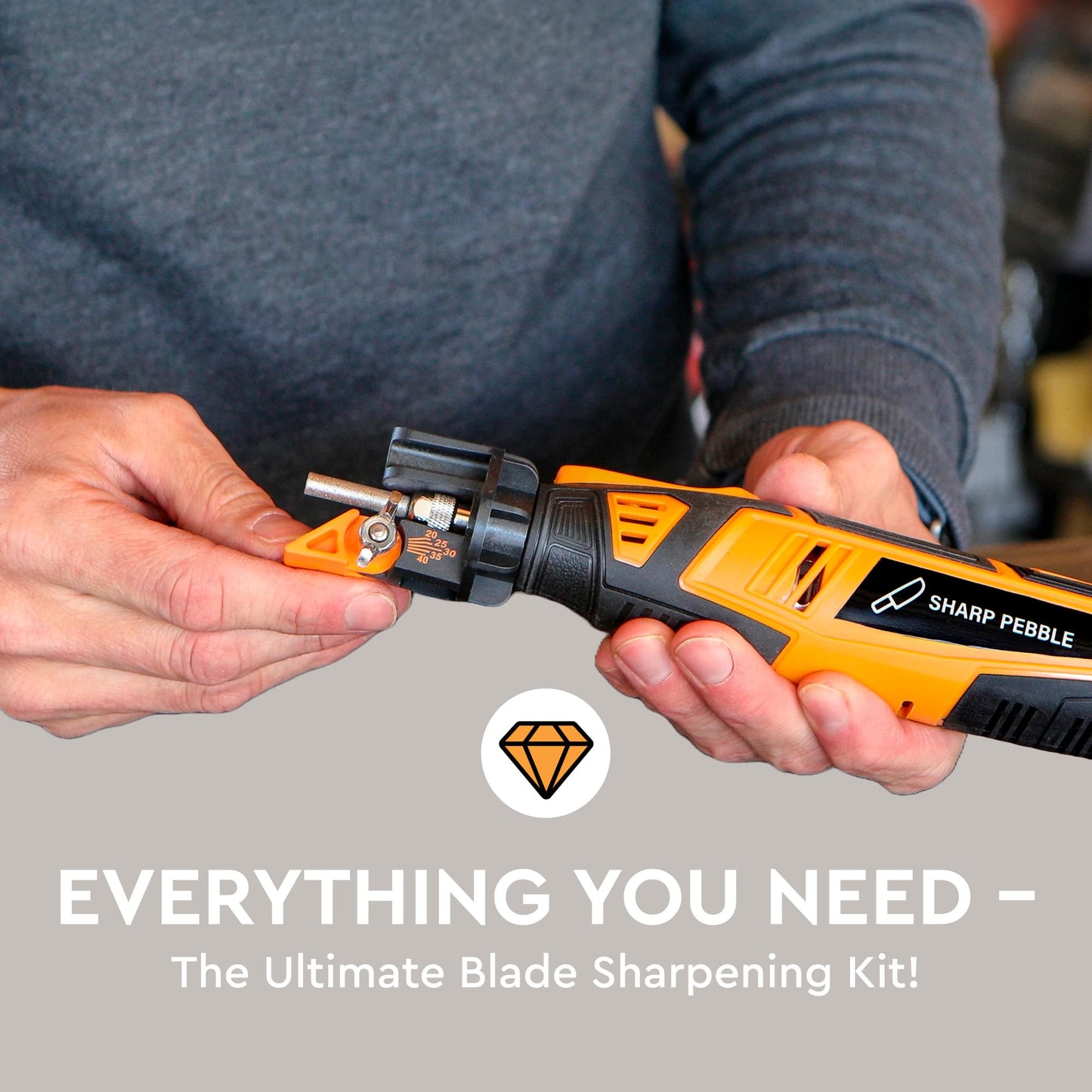 Sharp Pebble Cordless Lawn Mower Blade Sharpener – Adjustable 20°- 40° Angle Guide-Rotary Tool with Replaceable Sharpening Wheel Bits & Fast Rechargeable Battery – Effortless Precision for Lawn Care