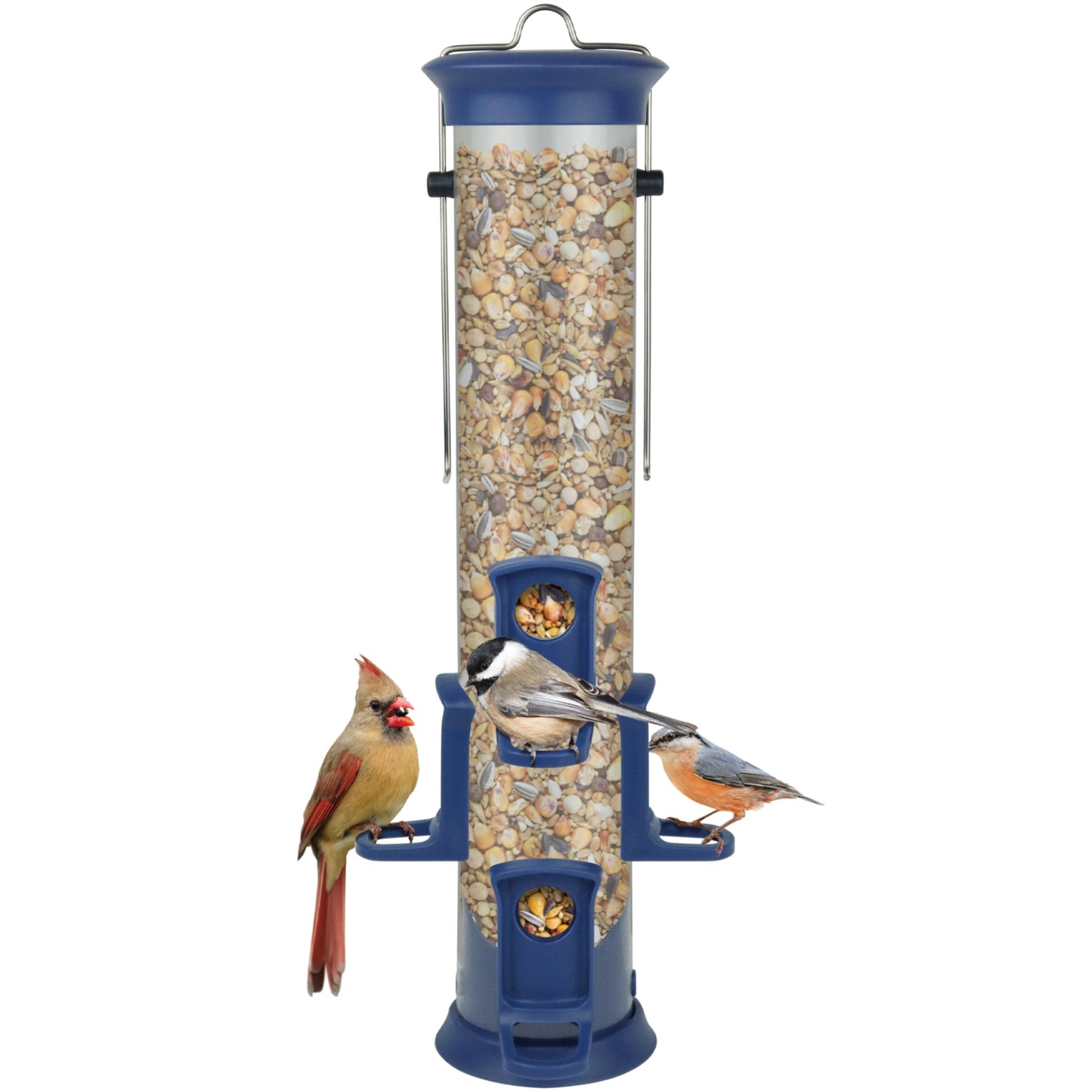 Nature's Way Plastic Seed Tube Bird Feeder for Wild Birds and Outdoor Décor, 1.2 Quart Capacity, Six Ports, Easy-Clean Design, Blue