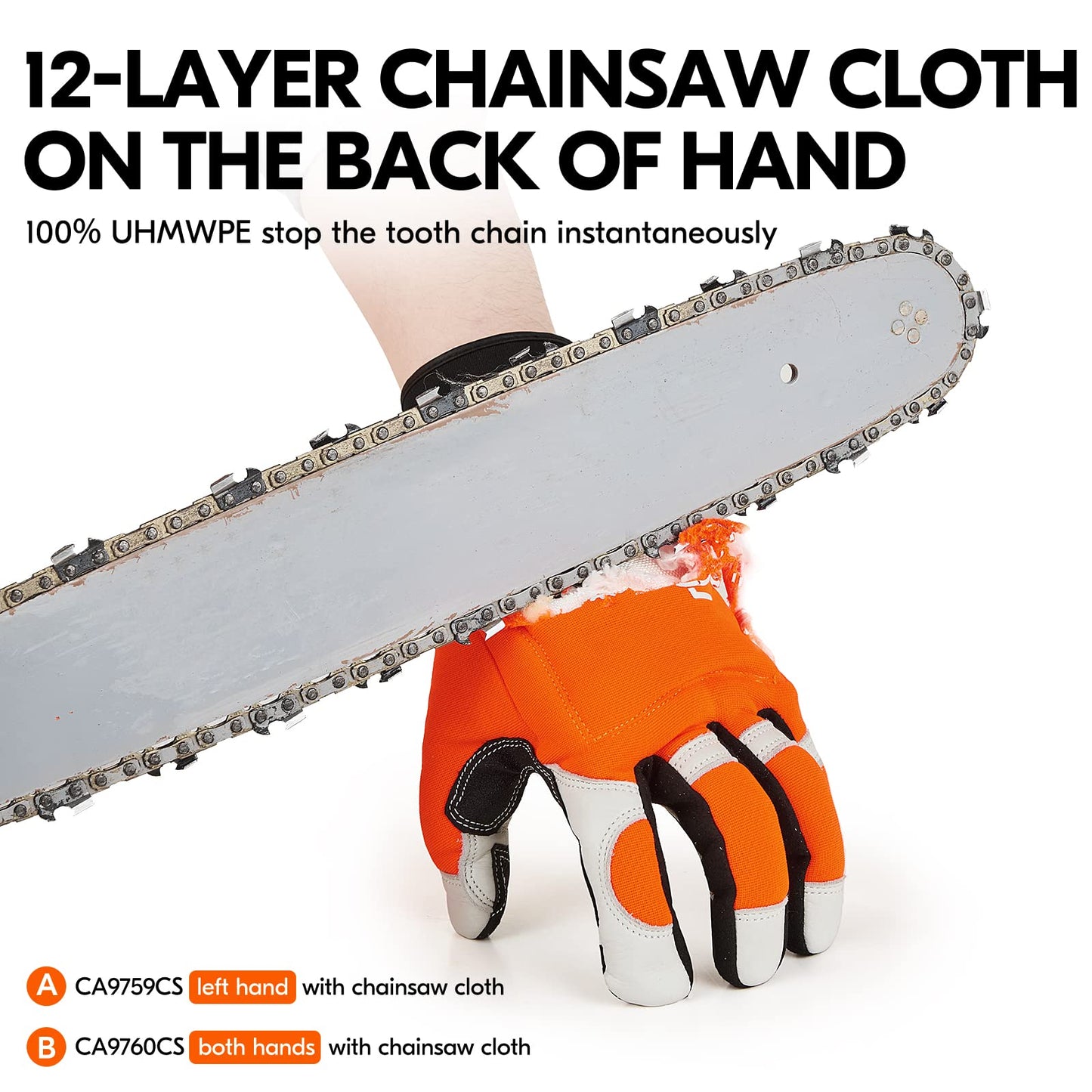 Vgo... Chainsaw 12-Layer Saw Protection on Both Hands Cow Leather Gloves (1 Pair,Size L, Orange, CA9760)