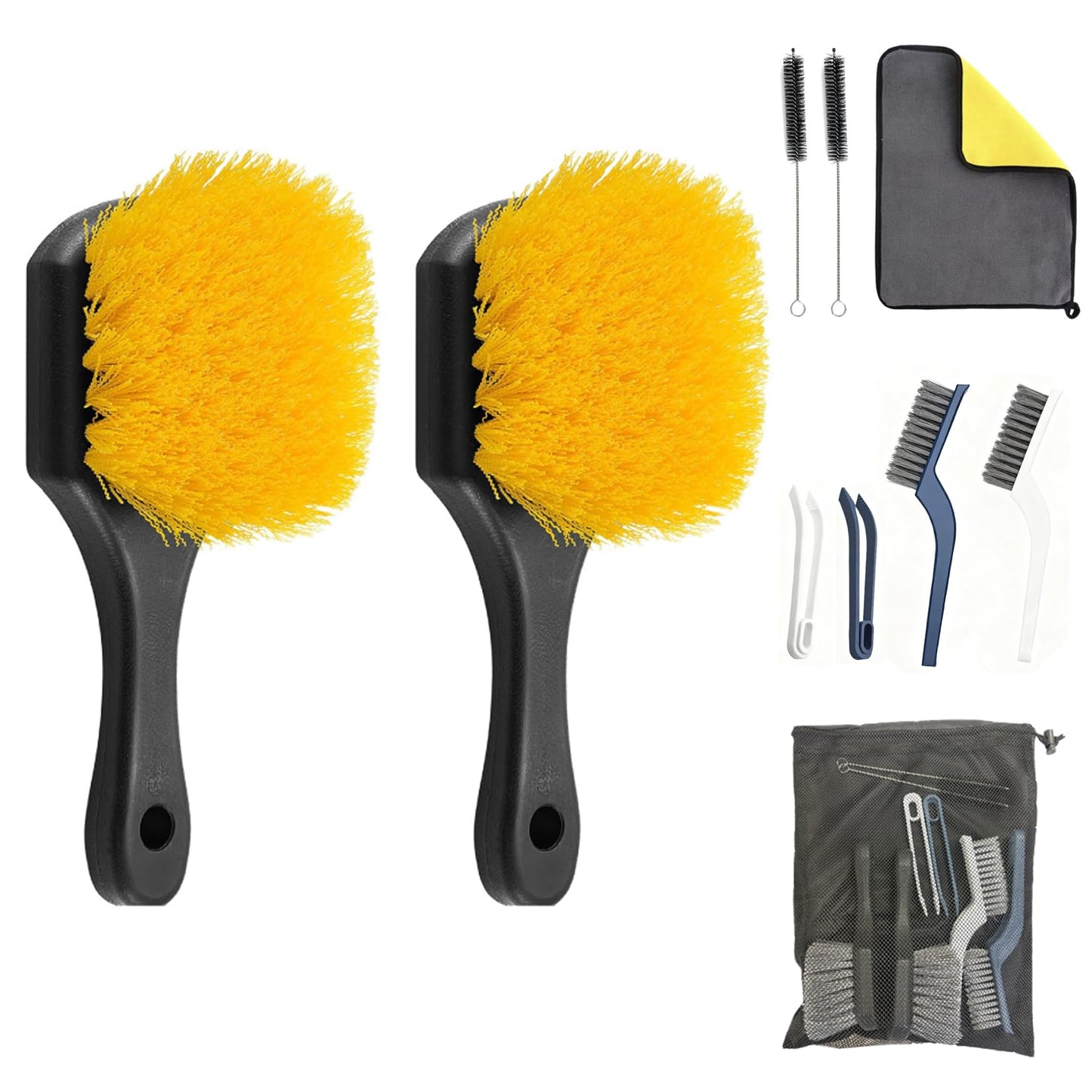 GLDFI 10-Piece Heavy-Duty Scrub Brushes Set with Bird Bath Scrubber and Crevice Tools for Outdoor, Kitchen, Bathroom, Tire & Wheel(Yellow)