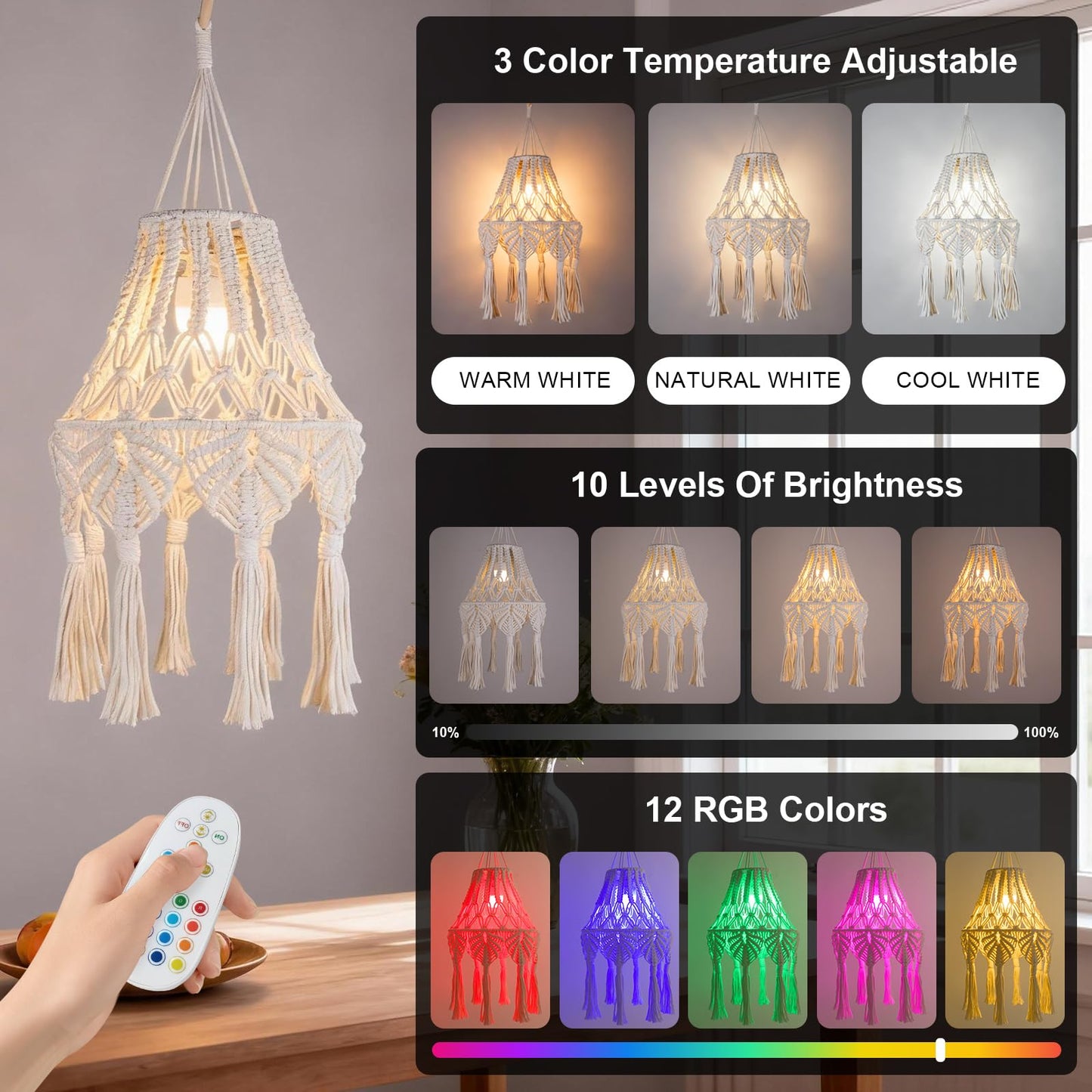 AVAMERY Boho Chic Macrame Pendant Lights with Tassels, Remote Control Dimmable Timer Rechargeable Battery Operated Hanging Lamp, Cotton Rope Wall Decor for Bedroom Living Room