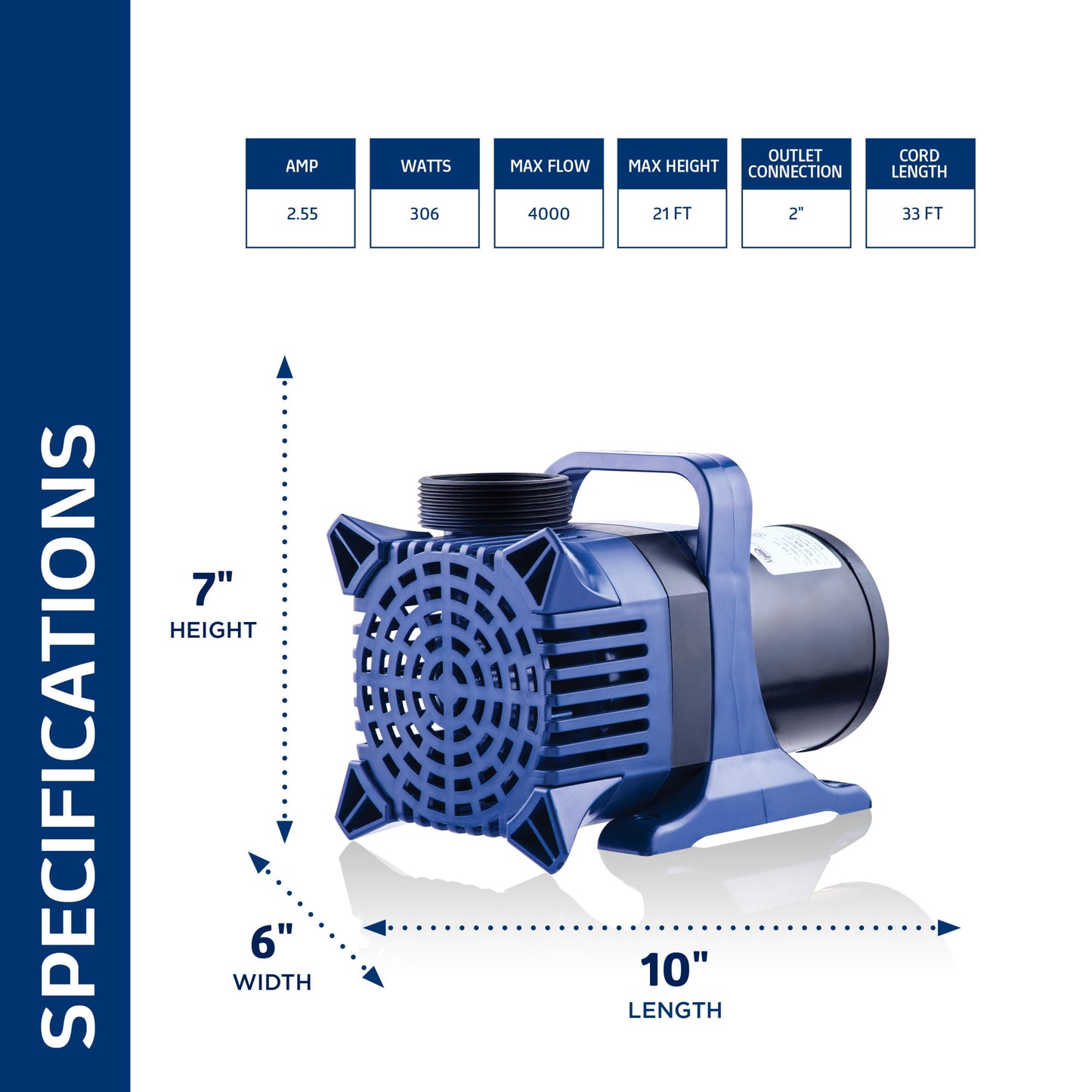 Alpine Corporation 4000 GPH Submersible Pump with 33 Ft Cord for Ponds, Fountains, Waterfalls, and Outdoor Water Features, 306W Quiet Motor, 21 Ft Lift, Multi-Angle Flow, Blue