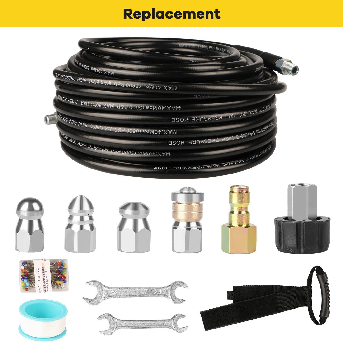 Pressure Washer Drain Jetter – Sewer Jetter Kit for Pressure Washer 50ft 1/4 Inch NPT Hose Nozzles and Adapter 5800PSI Clears Clogs in Pipes & Sewer Lines