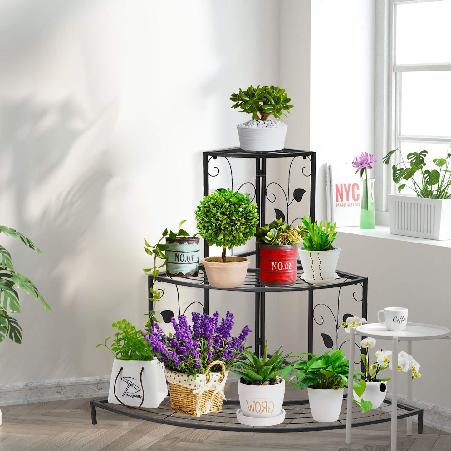 S AFSTAR Corner Plant Stand, 3-Tier Mental Plant Stand, Plant Flower Pot Display Rack, Pot Holder Shelf, Rustproof Ladder Potted Shelf, Outdoor Plant Stands for Patio Garden Yard Balcony (Black)