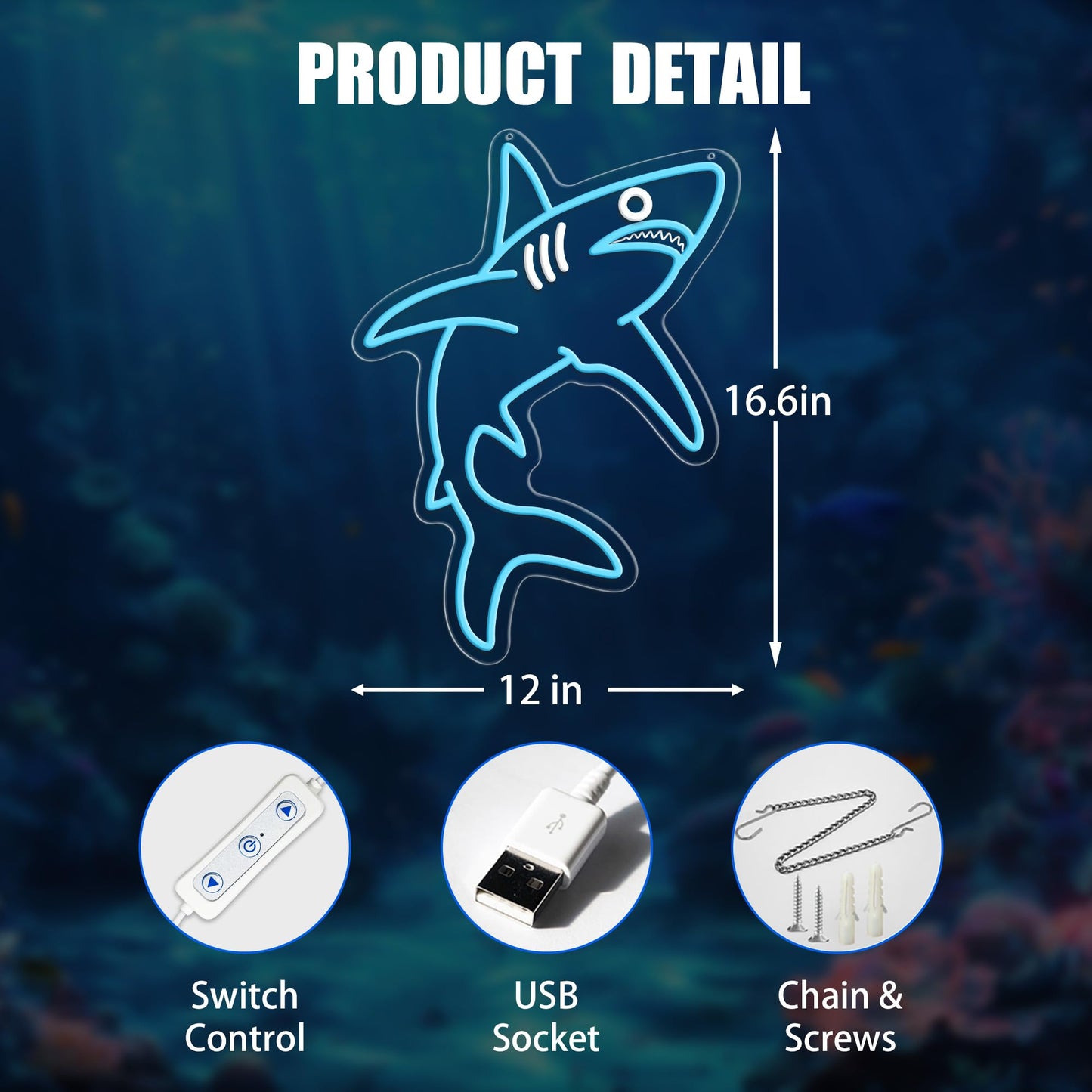 ACOPAEY Shark Neon Sign, Dimmable Ocean LED Neon Lights for Wall Decor, Animal Room Decor for Bedroom, Boys Room, Gaming Room, Man Cave, Gifts for Shark Lovers Gamers, USB Powered, 12.0 x 16.6 Inches