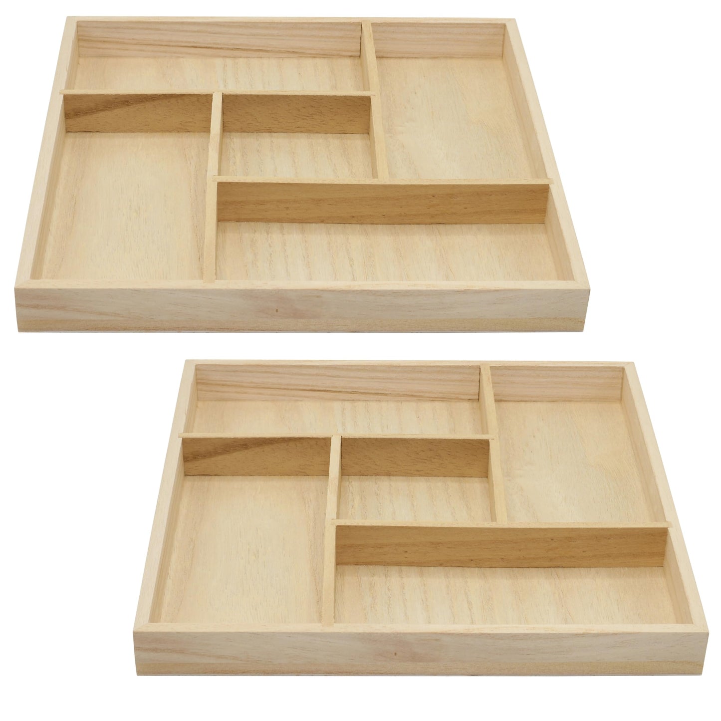 5 Section Wooden Trays – 10" × 10" Square Organizers with Compartments for Crafts, Drawer Tidying, Snacks, and Display | 2 Pack