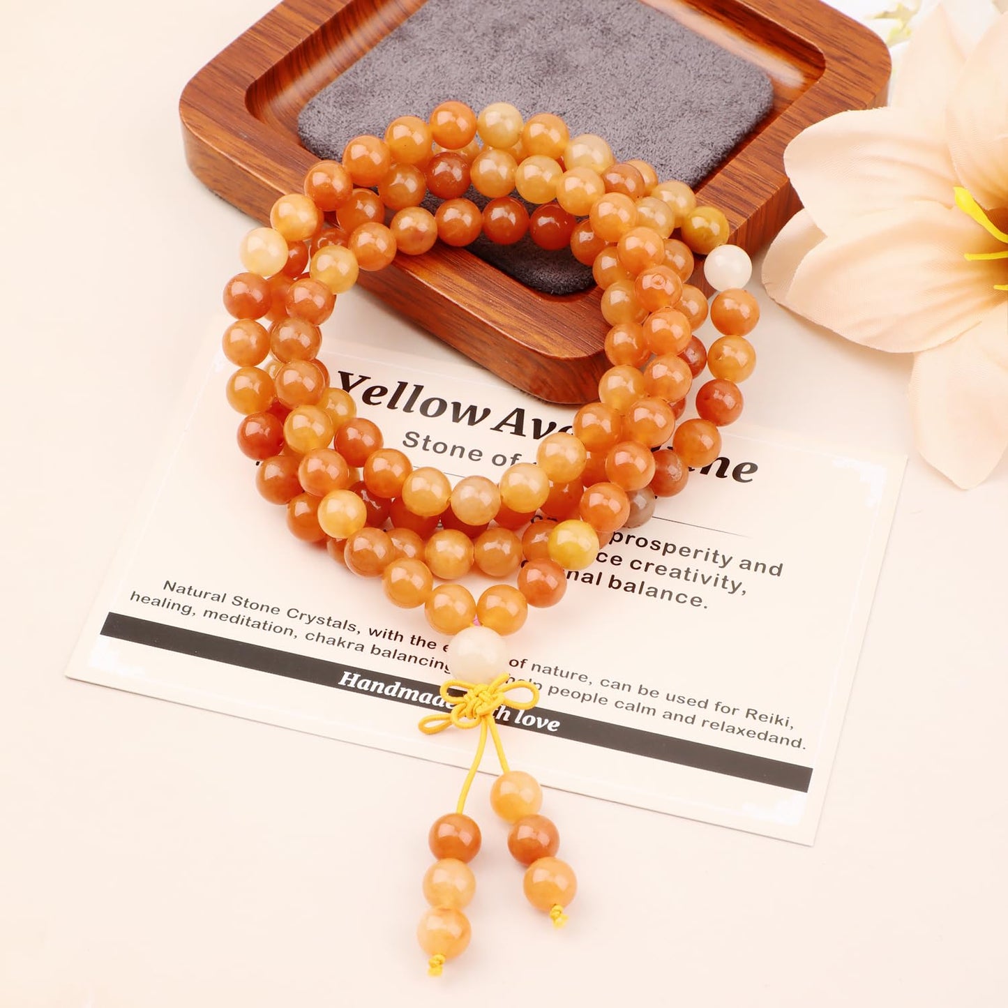 AD Beads 8mm 108 Prayer Mala Yellow Aventurine Elastic Bracelet - Optimism - Handmade Yoga Meditation Healing Power Energy Gifts for Unisex Adult.