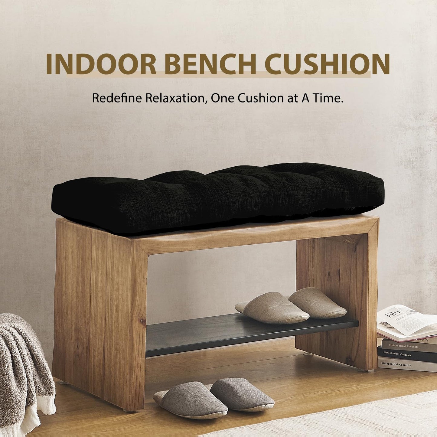 downluxe Indoor Bench Cushion for Indoor Furniture, Non-Slip Tufted Overstuffed Textured Foam Bench Seat Cushion, 36" X 14" X 4", Black, 1 Pack