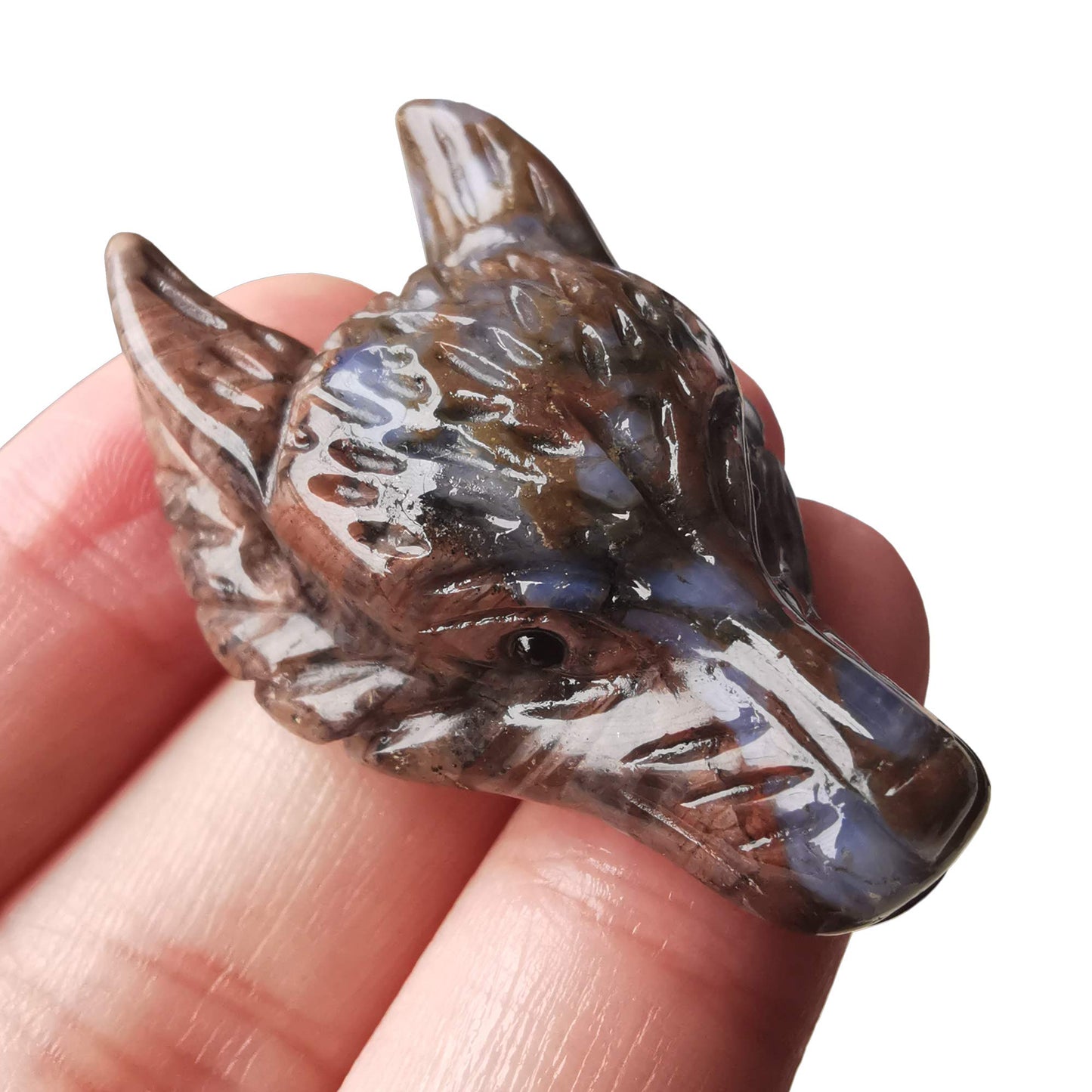 Bacatgem Natural Rhyolite 1.57 inchs Wolf Head Pocket Crystals and Healing Stone Figurine,Haped DIY-Jewelry Pendant