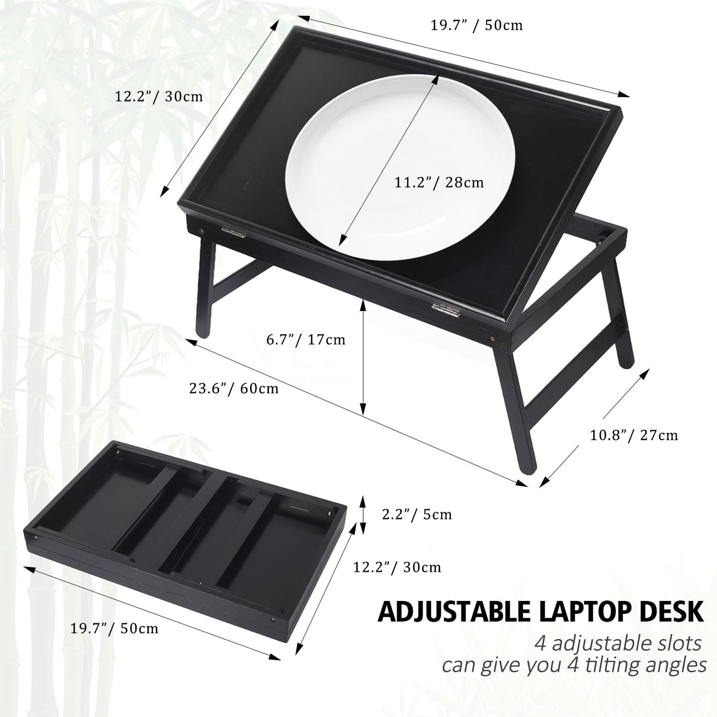 Bamboo Bed Tray Table,Breakfast Trays with Folding Legs,Kitchen Serving Tray for Sofa,Eating and Working,Used As Laptop Desk Snack Tray,Black