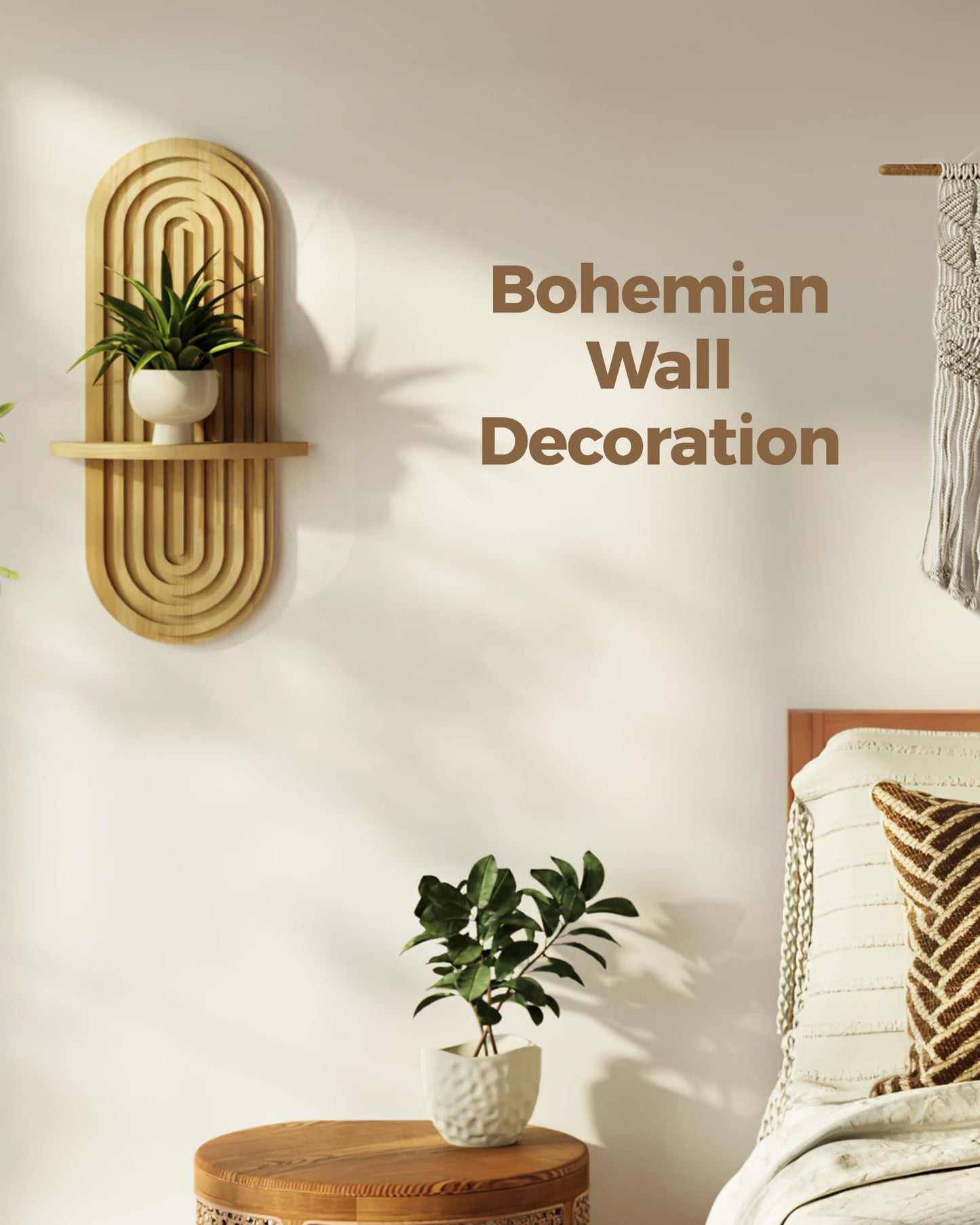 Bamworld Boho Wall Decor Brown Plant Wall Shelf, Mid Century Modern Decor Hanging Plant Shelf, 1-Tier Floating Shelves for Home, Bathroom Bedroom Living Room Natural