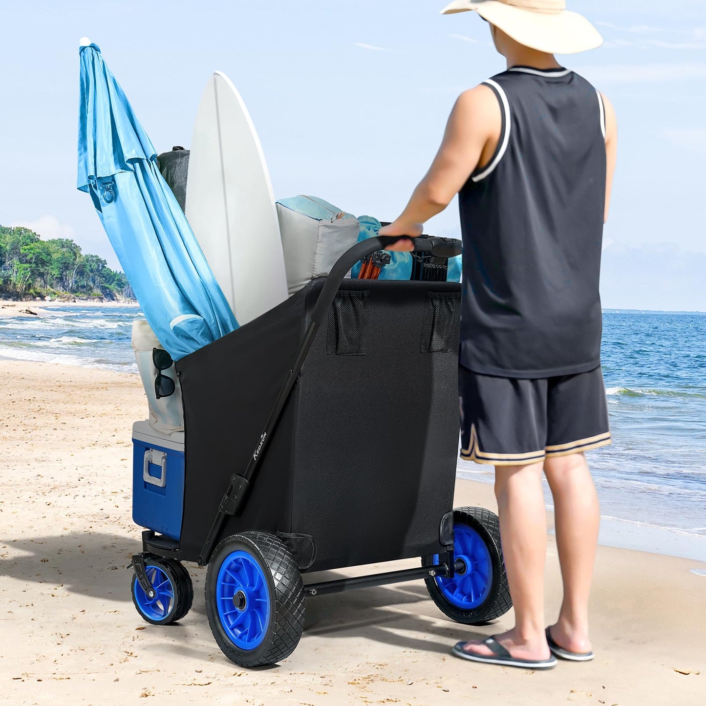 KEDSUM 11.3 Cu.Ft. 400LBS Large Capacity Beach Wagon with Big Wheels for Sand, 12" Rubber Wheels Beach Cart, Heacy Duty Collapsible Wagon for Sand, One-Click Foldable