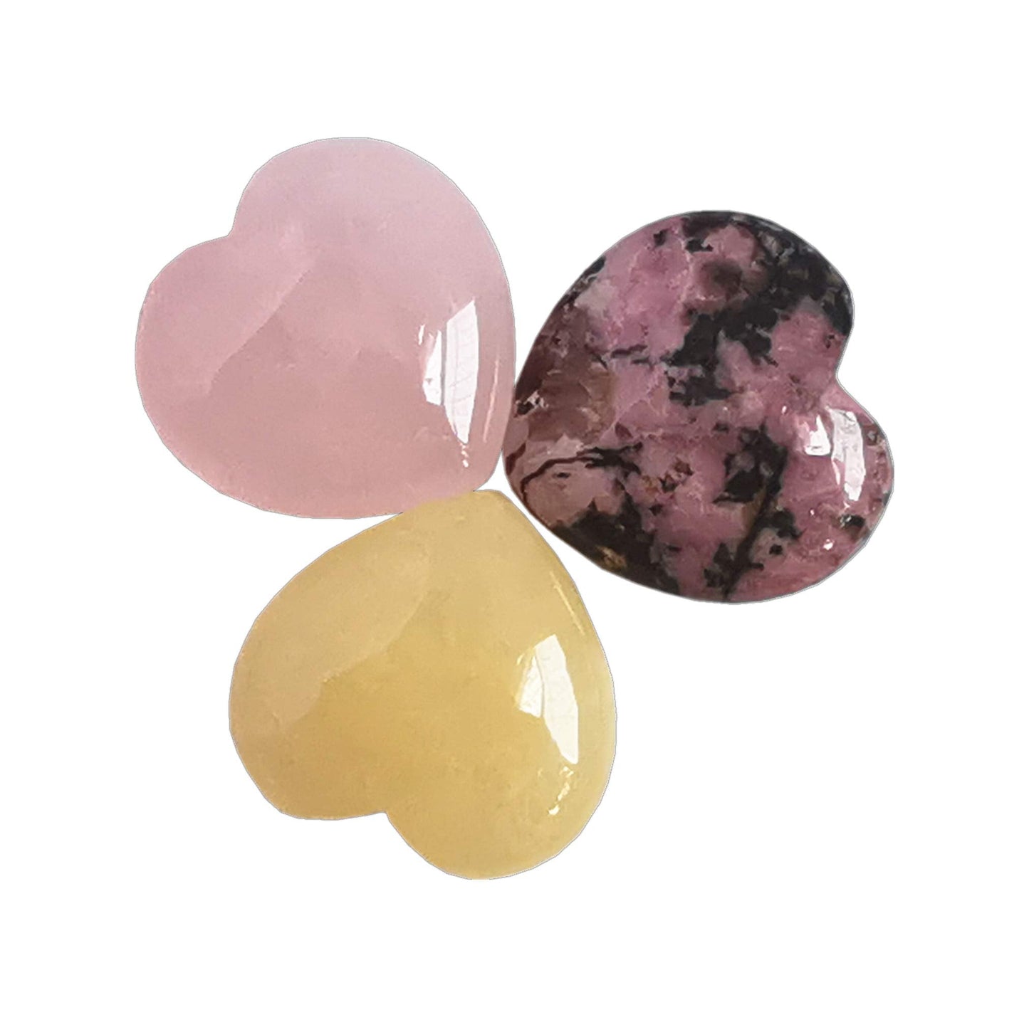 Bacatgem 3 Pcs Pocket Palm Thumb Healing Crystal Heart Love Worry Stones,1 inches Reiki Balancing Crystal and Healing Stones(Rhodonite+Rose Quartz+Yellow Jade)
