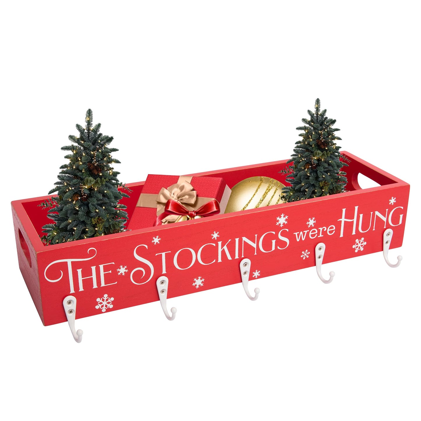 HPC Decor Christmas Stocking Holders, Wooden Box with 5 Hook Stockings Hangers Christmas Decoration for Fireplace Mantel Wood Organizer Storage