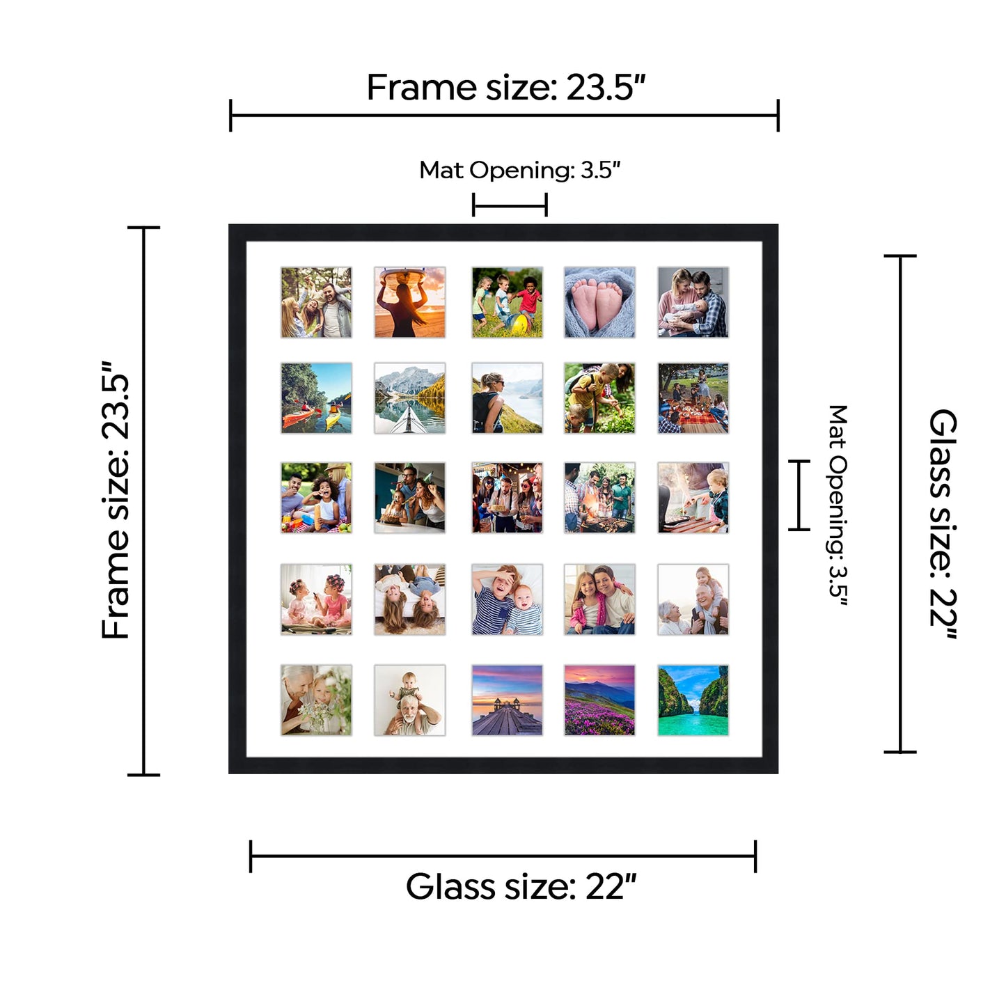 CountryArtHouse Black Collage Frame With Mat - 22x22 Solid Wood Frame For (25) 4" x 4" Photos - Black Matted Instagram 4x4 Collage Photo Frame with Mat with Multi Opening Picture Matte
