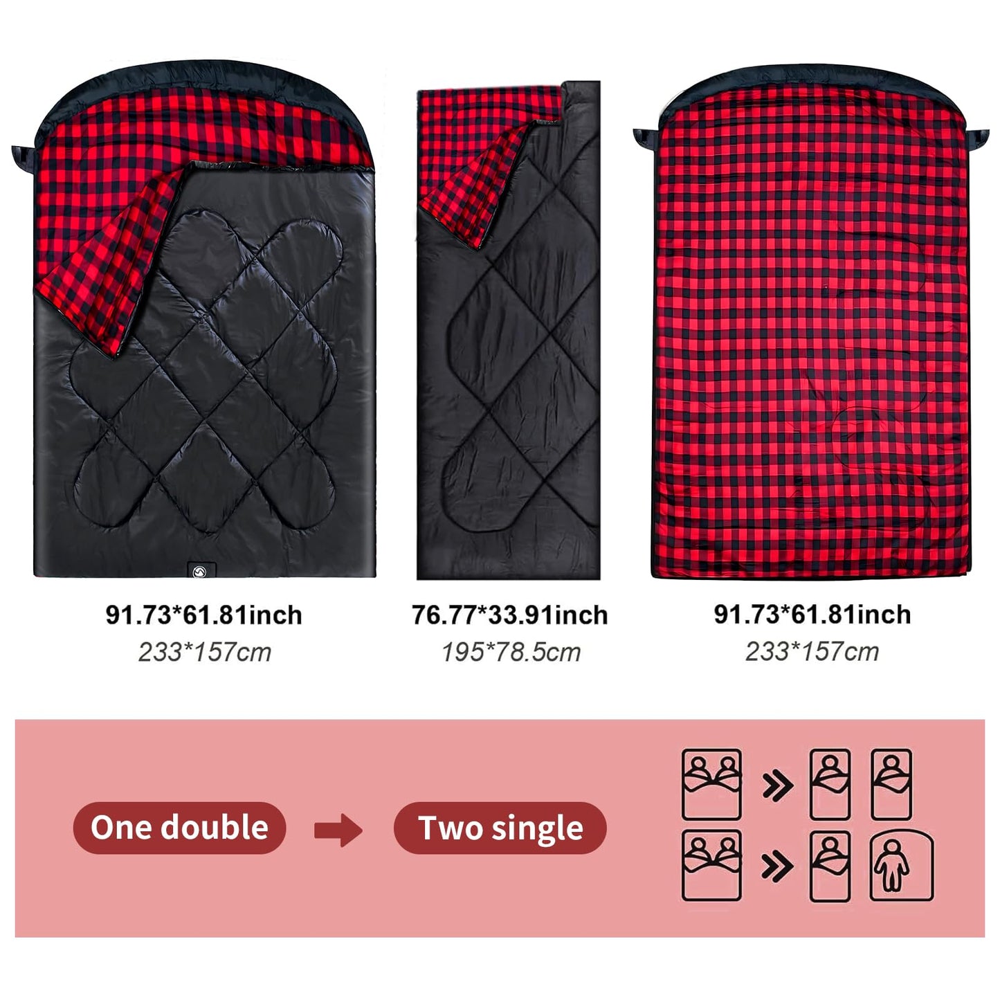 ShinHye Double Sleeping Bag for Adults with 2 Pillows, Camping Sleeping Bags Flannel Cotton 2 Person Sleeping Bags XXL Queen Size Sleeping Bag for Cold Weather (Black Red, 92"×62")