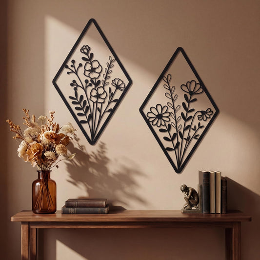 PullCrease 2 Pcs Metal Wall Art, Metal Flower Wall Decor, Modern Floral Art for Living Room, Bedroom, Bathroom, Rustic Farmhouse Decor, Sculpture Kitchen Decoration (Black)