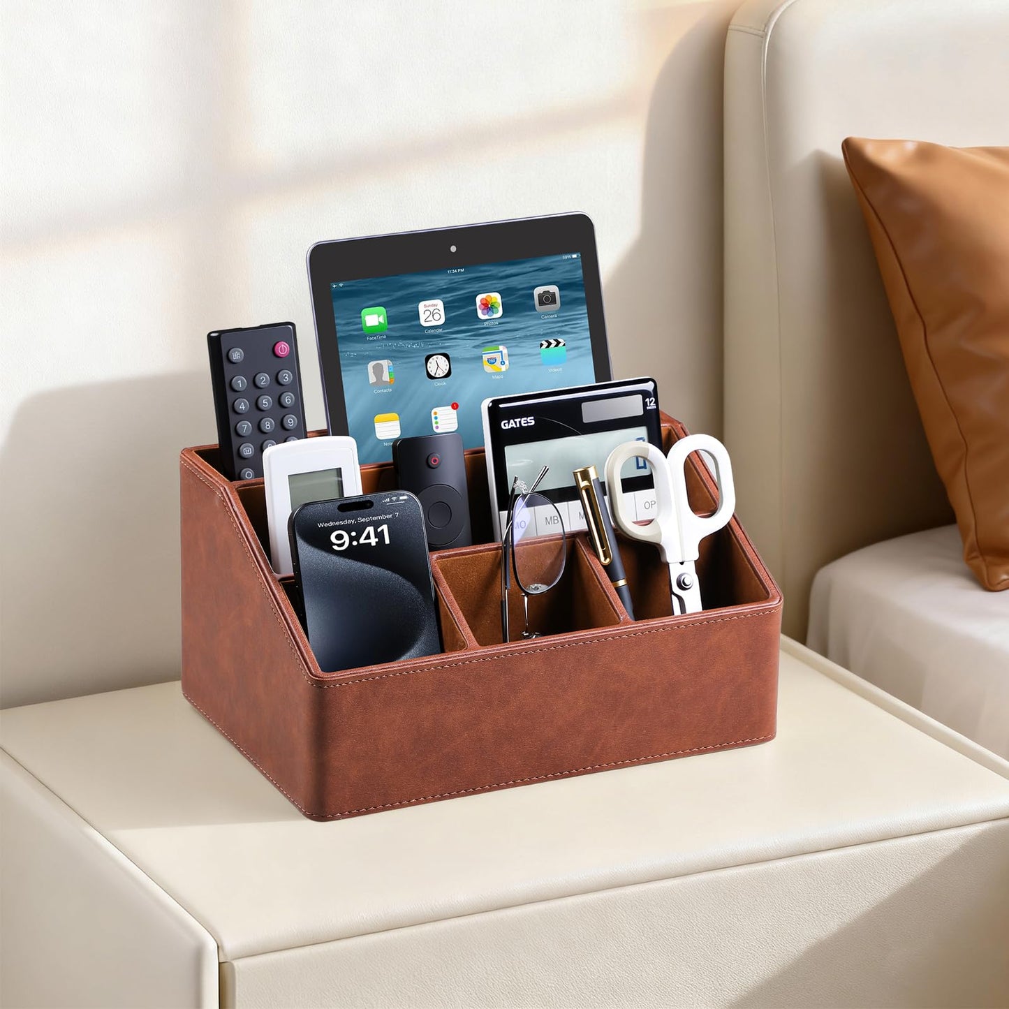 MEIBOOCH PU Leather Desk Organizer, Luxury Remote Control Holder for Home, Office Desk Accessories Table Caddy Bedside Nightstand Organizer (Brown)