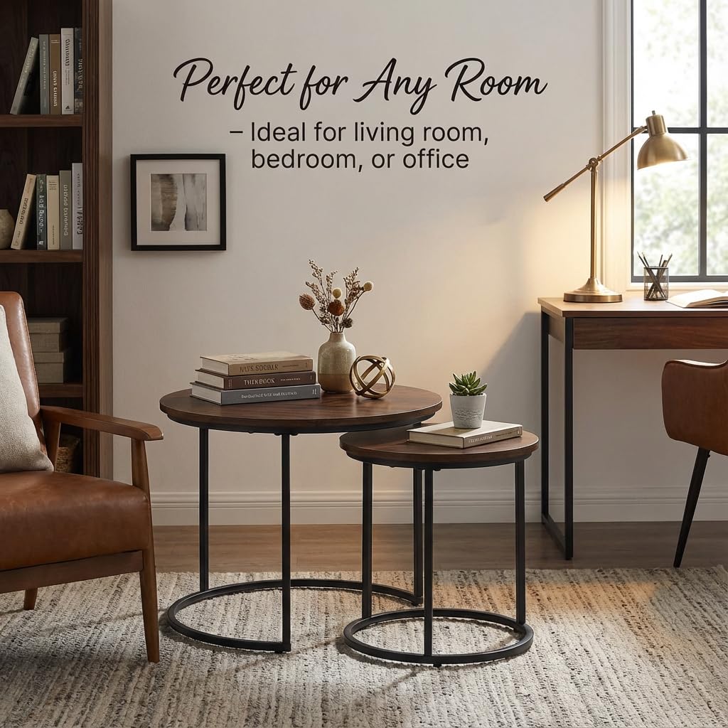 Round Nesting Coffee Table Set of 2, Modern Marble Pattern Wooden Nesting Tables, Stacking Minimalist End Table for Living Room Bedroom Small Space, Wood Brown and Black