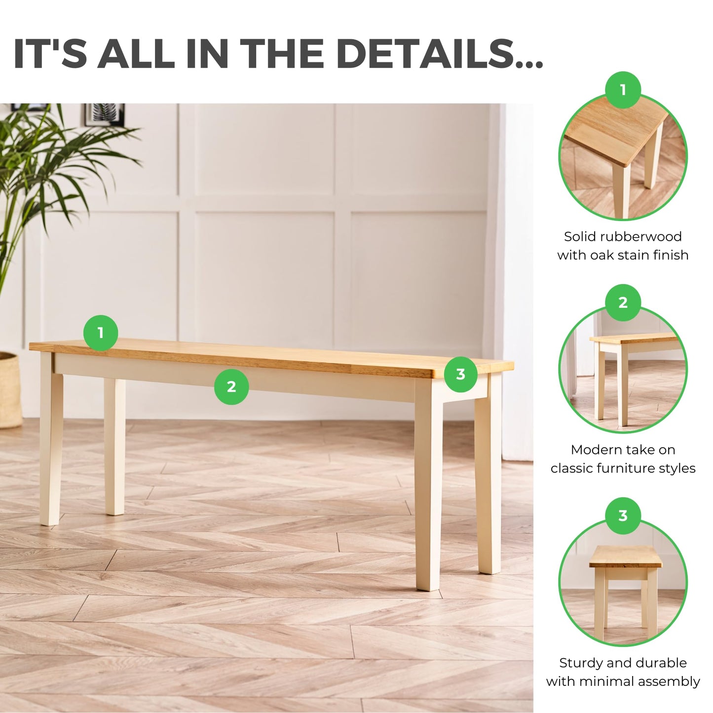 Furniturebox UK Large Wood Dining Bench - Tenby Cream Wood Indoor Bench Stool - Dining Kitchen Bedroom - Pale Oak Stain Seat Cream Legs Take on Traditional Farmhouse Dining Furniture