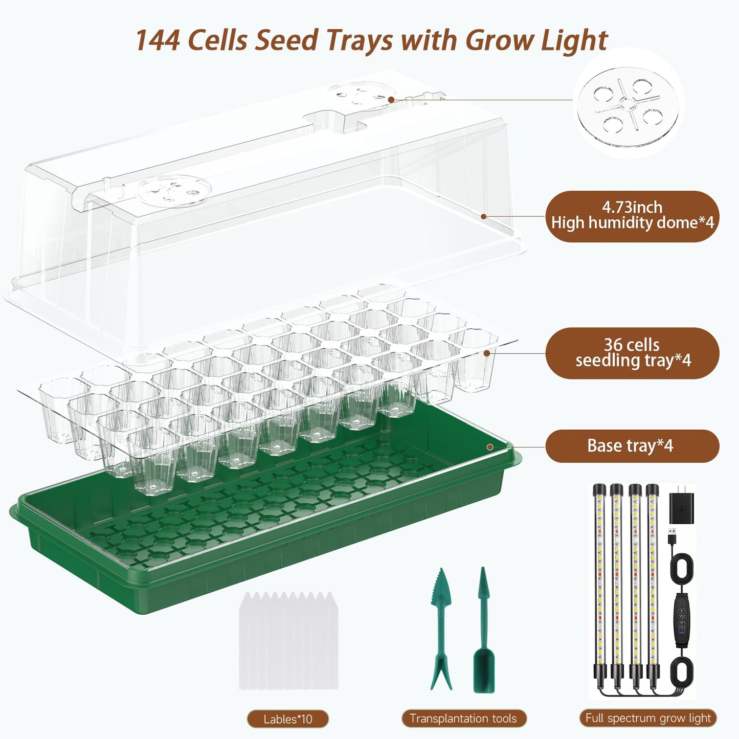 Seed Starter Tray with Grow Light, Seed Starter Kit Full Spectrum with 5 Dimmable Brightness & Timer, Indoor Plant Grow Tray for Beginners & Seasoned Gardeners, Gardening Gifts (Green, 144 Cells)