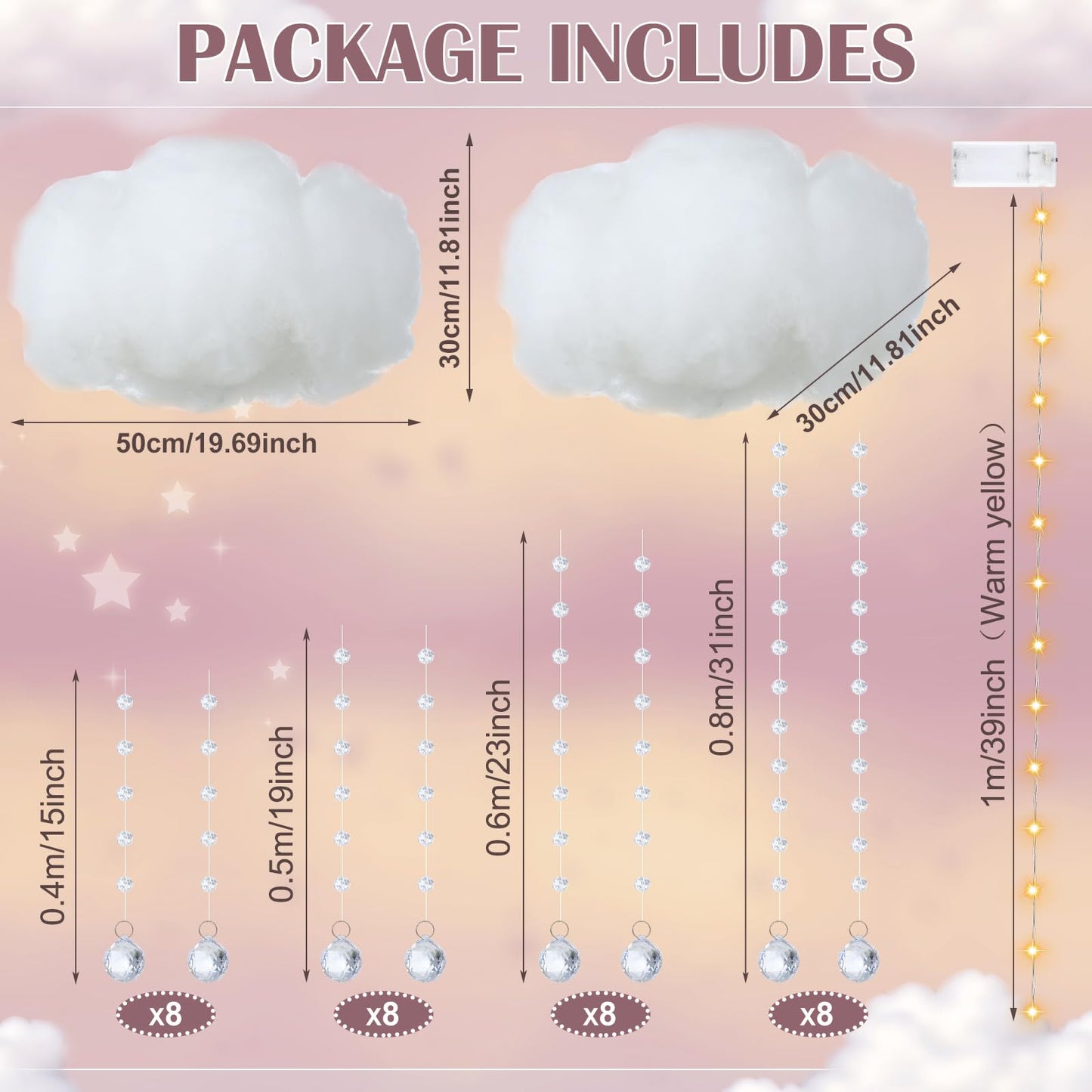 Marsui Artificial Cloud Props LED Hanging Cloud Light String Fake Imitation 3D Cotton Classroom School Decor Raindrop for Room Ceiling Baby Shower Party Wedding Nursery Classroom Wall DIY Decor(4 Pcs)
