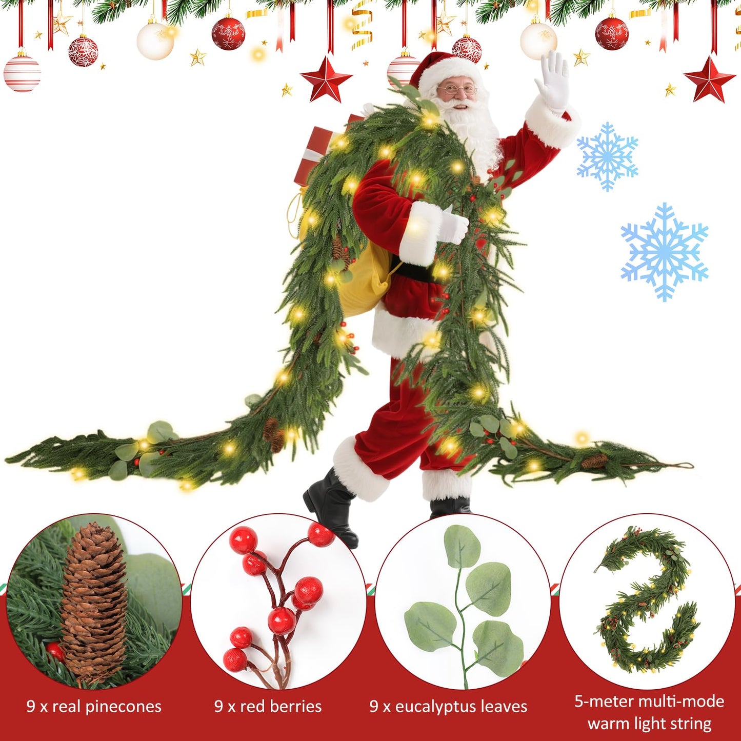 9FT Garland with 7 Modes LED Light, 9 True Pinecones&Red Cones&Eucalyptus Leaves, Norfolk Pine Garlands for Festivals Day, Wall, Indoor, Outdoor Holiday Winter Decorations