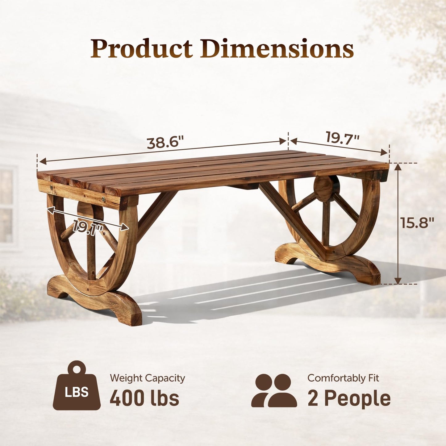 Outvita 39'' Outdoor Wooden Bench, 2-Person Rustic Wagon Wheel Bench with Slatted Seat and Carbonized Fir Wood Construction, Weather-Resistant Garden Bench for Patio, Porch and Backyard(Light Brown)