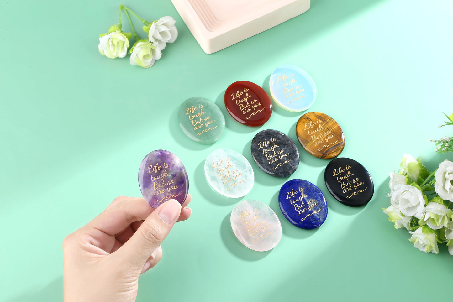 NUKAYAI Inspirational Gifts Worry Stone Green Aventurine Crystal Trinkets Crystals and Healing Stones Oval Natural Fidget Meditation Accessories Gemstones Reiki Palm Anxiety Relief Items for Women Men