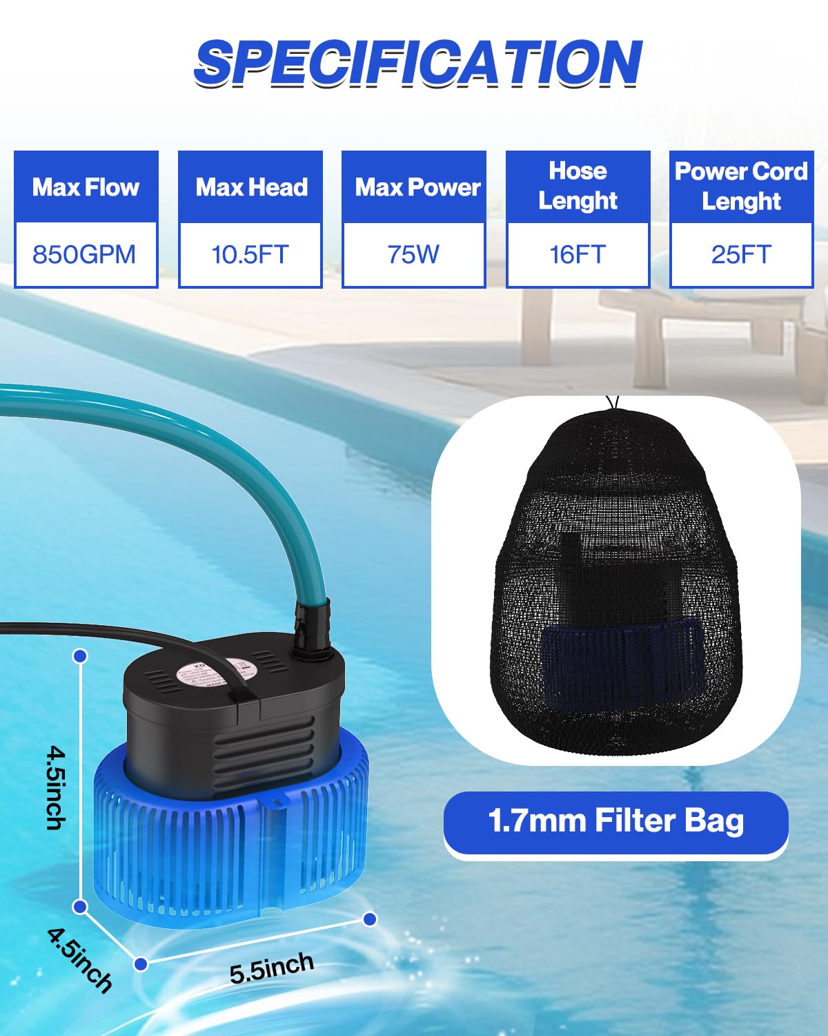 Pool Cover Pump above Ground - Submersible Water Sump Pump Swimming Water Removal Pumps, with Drainage Hose & 25 Feet Extra Long Power Cord, 850 GPH inGround, 3 Adapters