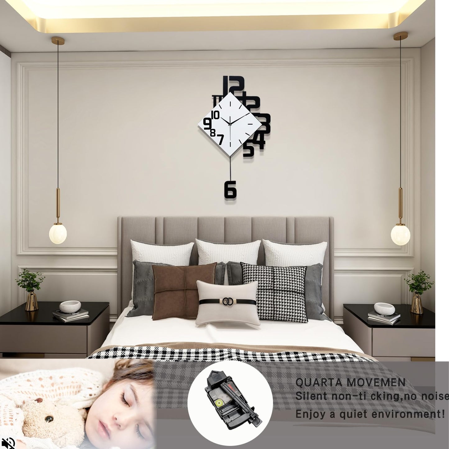 FLEBLE Modern Large Wall Clocks for Living Room Decor Big Silent Pendulum Wall Clock Battery Operated for Office Kitchen Bedroom Home Decoration Wooden 30 Inch Giant White Wall Watch Clock Non-Ticking